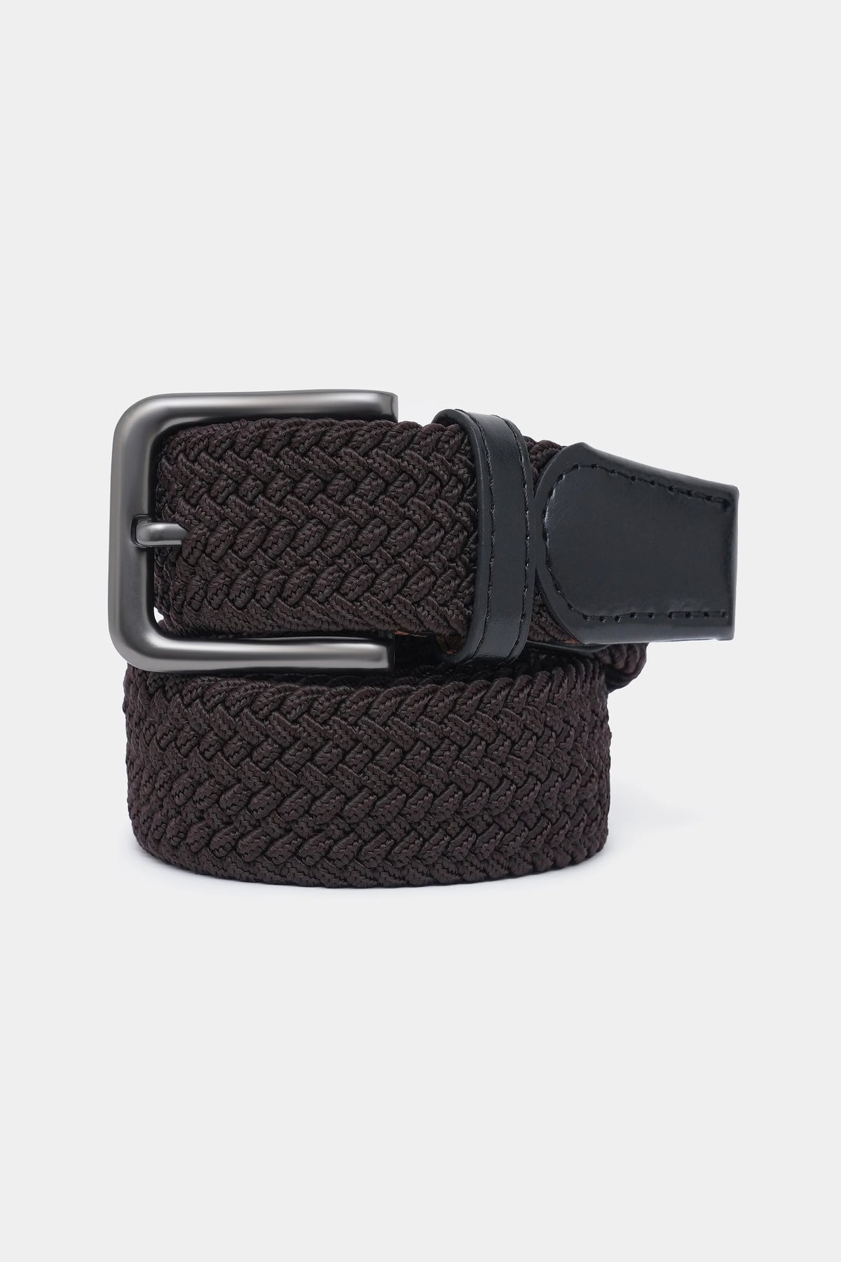 Dark woven casual belt with silver buckle and black leather end tab.