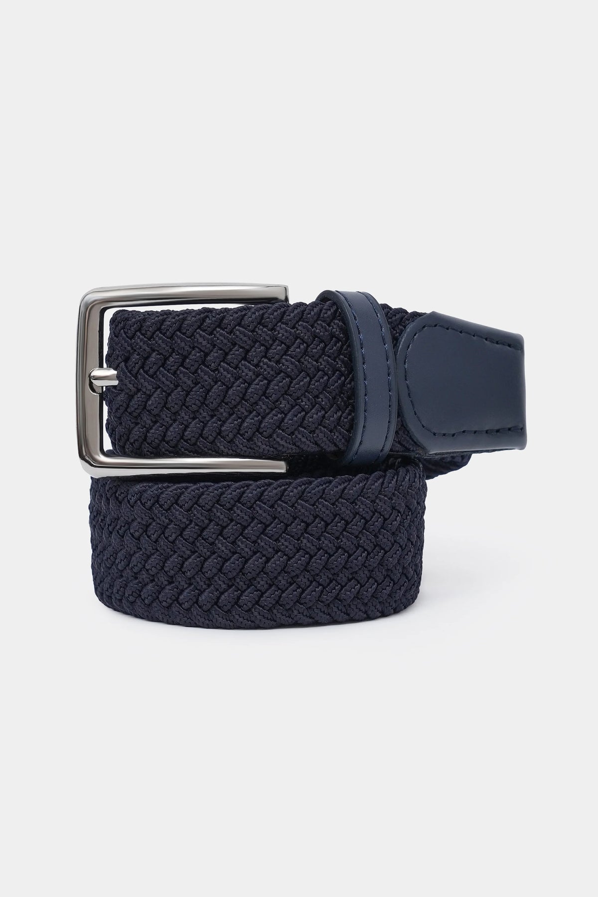 Navy woven casual belt with silver buckle and dark leather end tabs