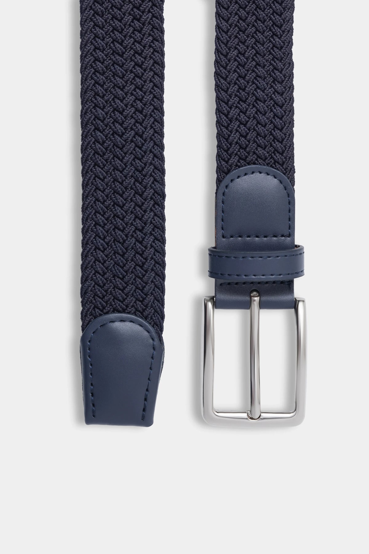 Navy woven belt with silver buckle, stitched leather end tabs