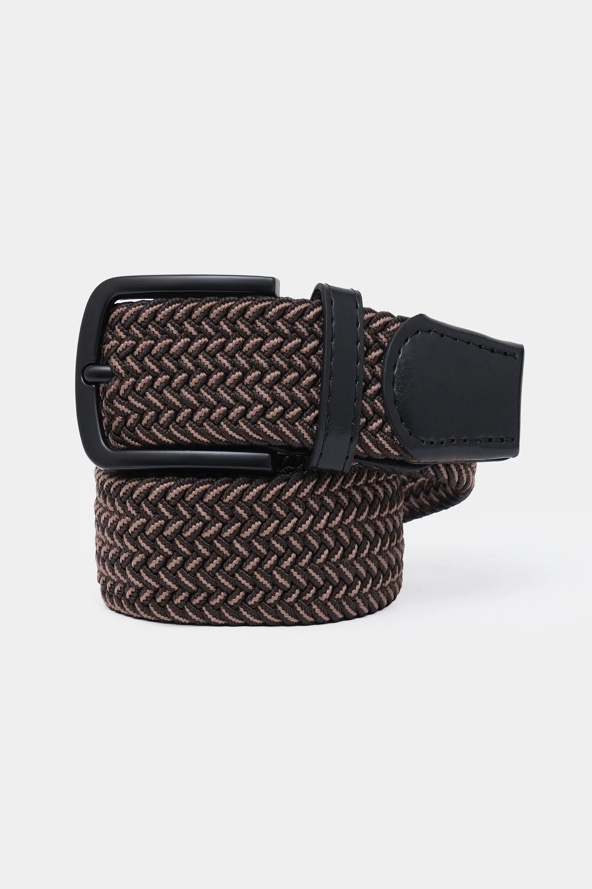 Casual belt with dark brown woven braid strap and black square buckle
