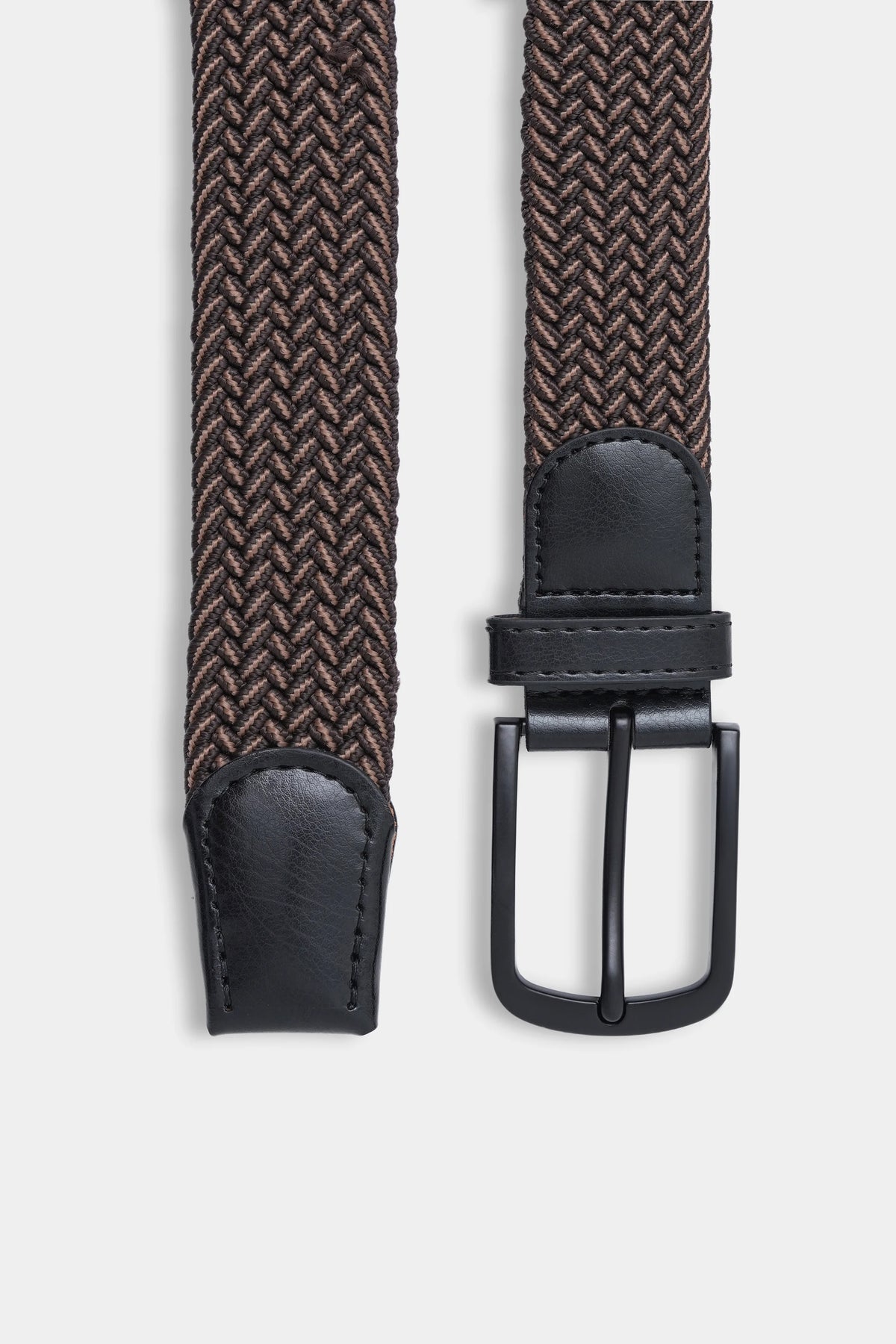 Casual belt close-up: dark brown braided strap with black leather ends and metal buckle