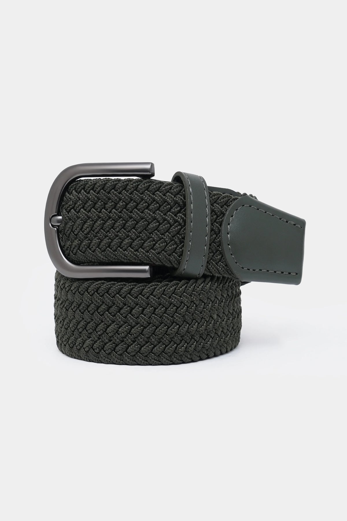 Textured dark gray casual belt with metal buckle and stitched end tab