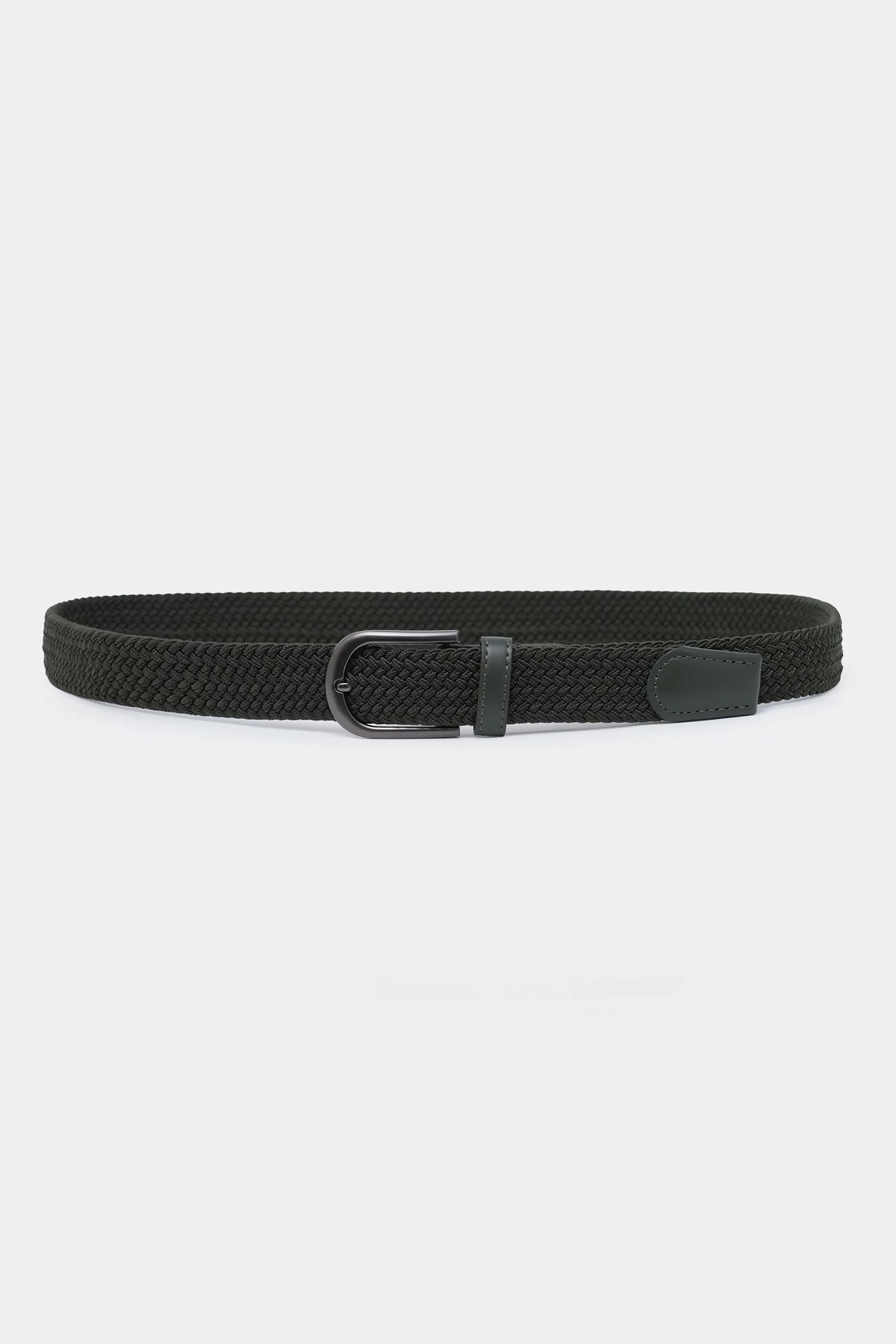 Dark braided casual belt with oval metal buckle and adjustable hole