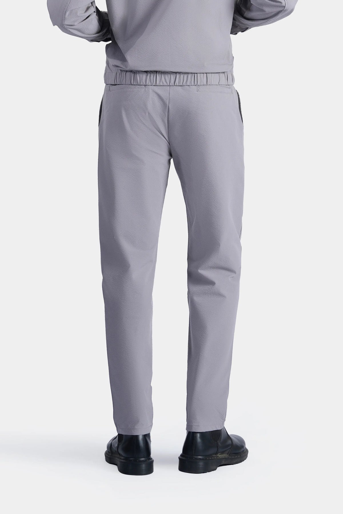 Light grey seersucker trousers, full length tapered fit