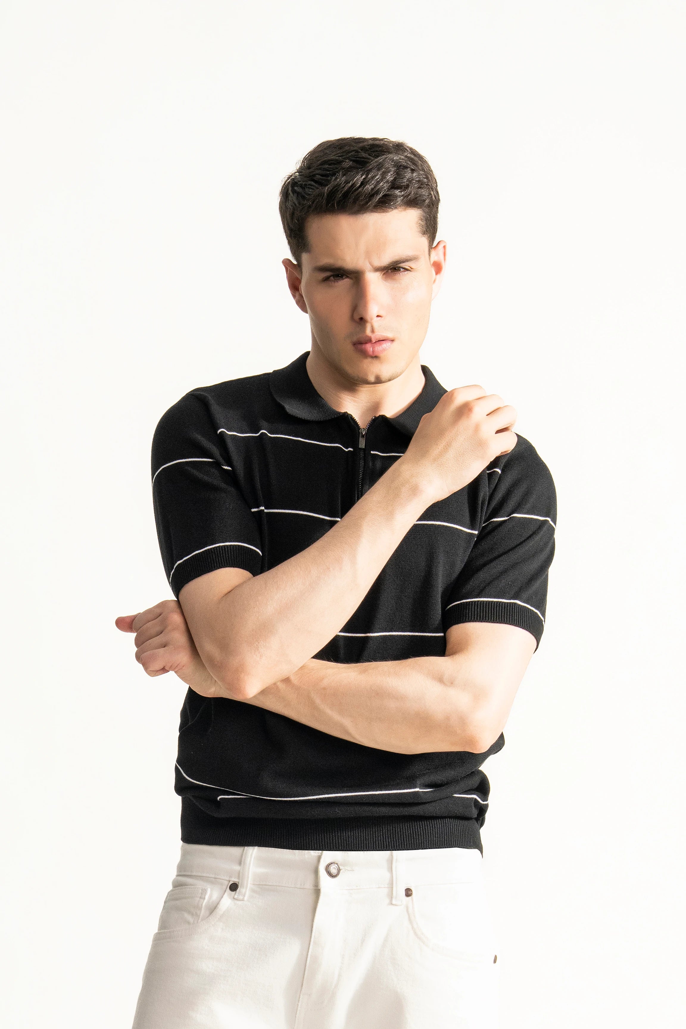 SWEATER KNIT ZIPPER POLO BLACK