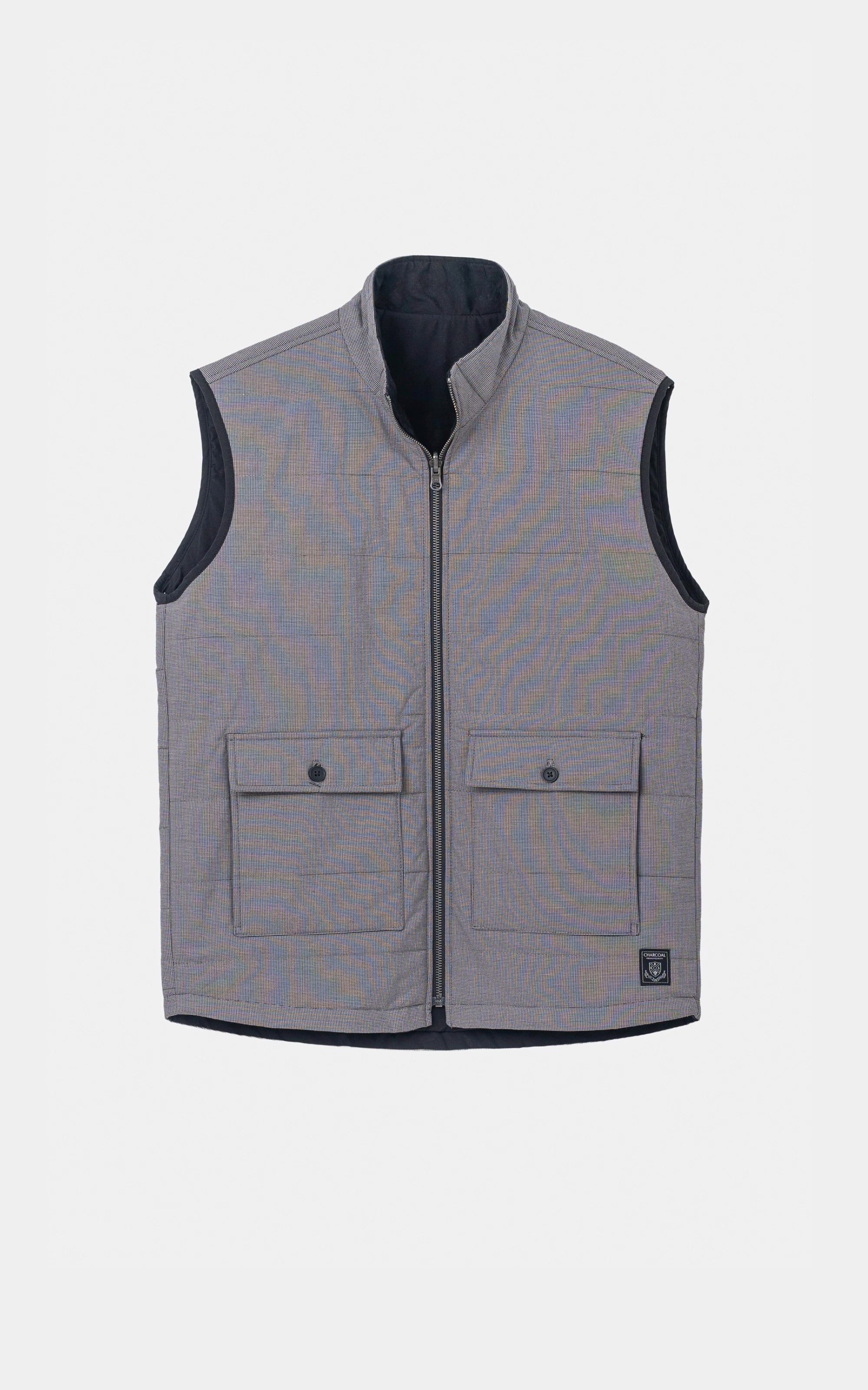 SLIM FIT SLEEVELESS REVERSIBLE QUILTED JACKET GREY BLACK TEXTURED