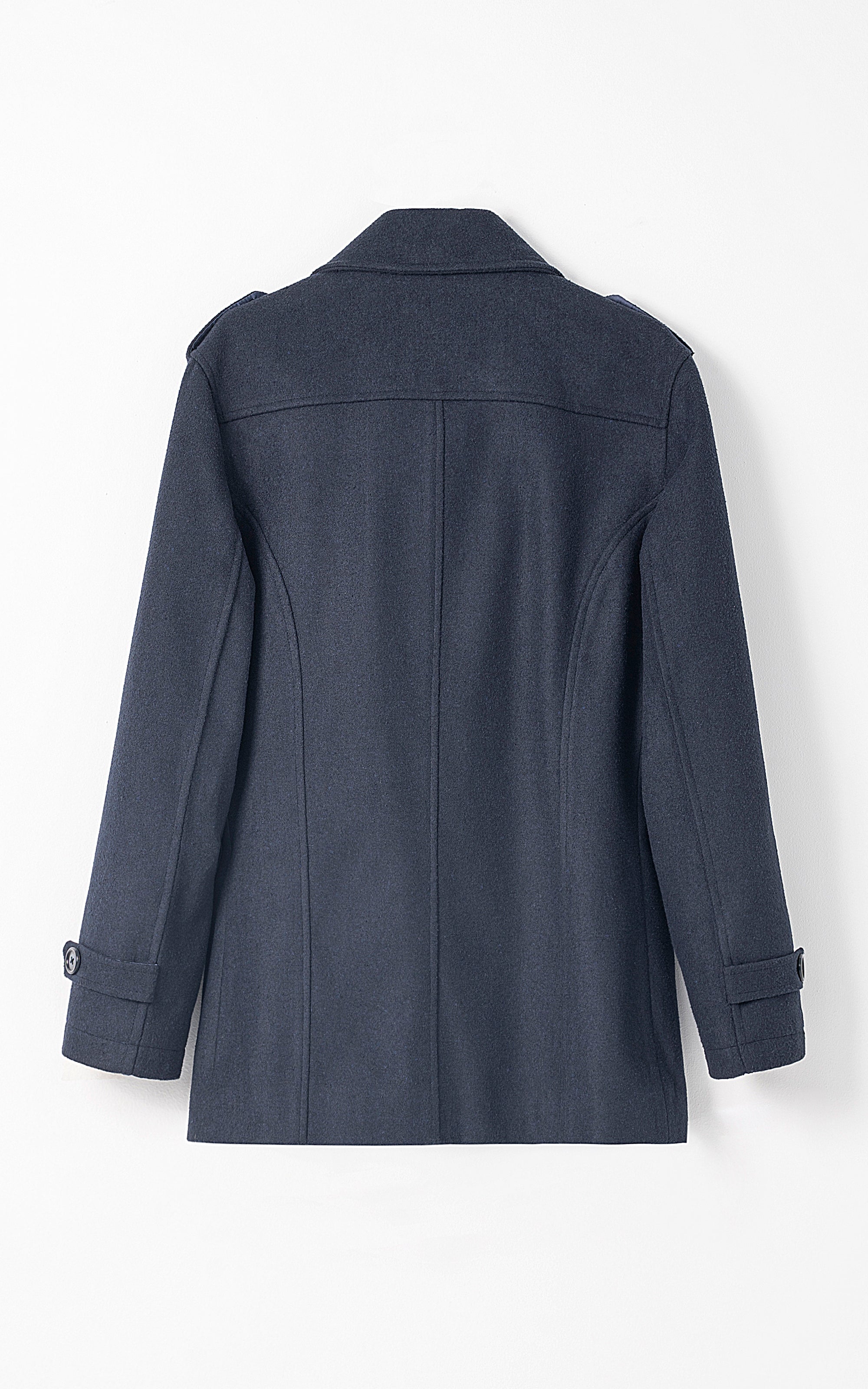 Back view long coat in dark blue with shoulder yoke and center back seam
