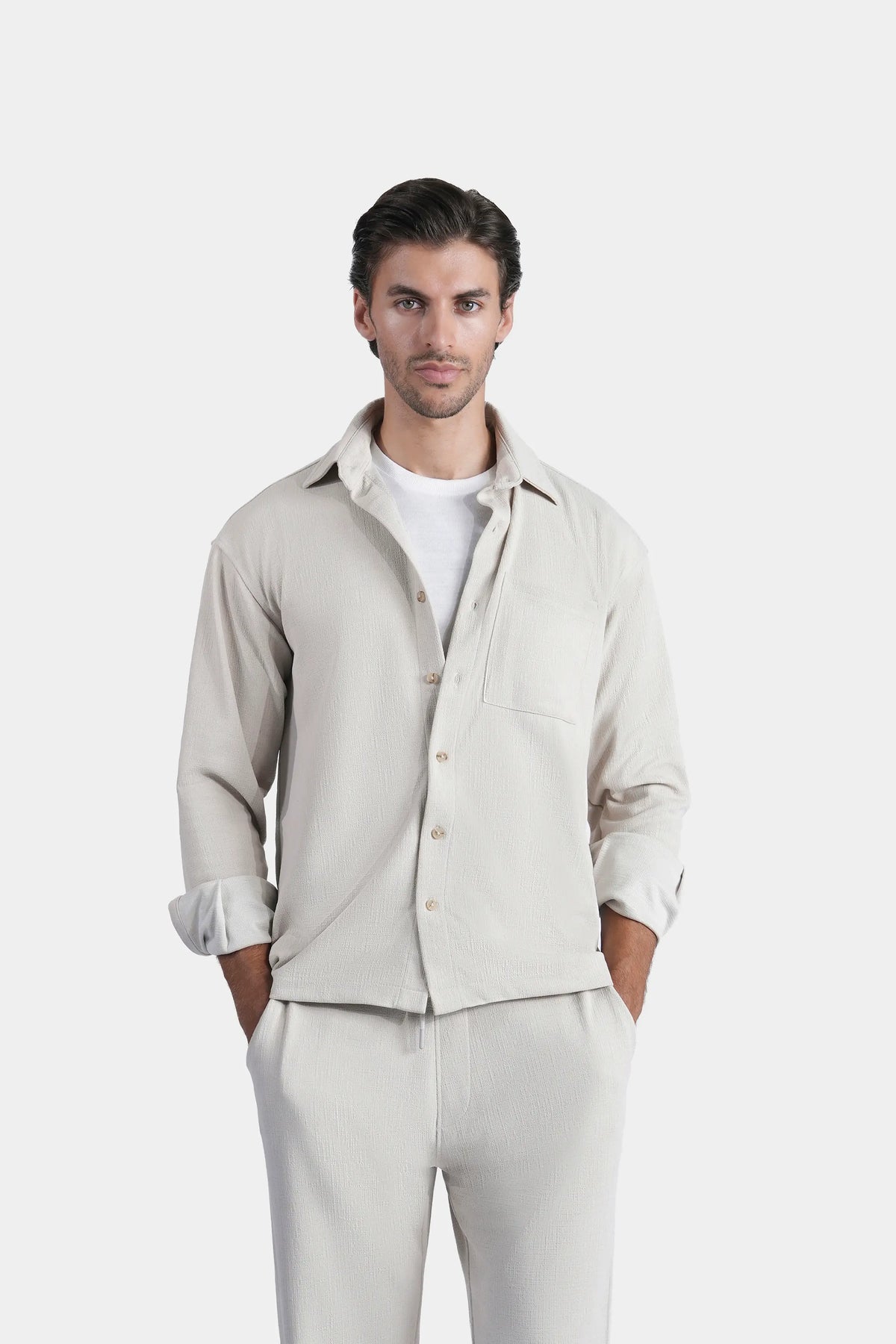 Stone self-textured casual shirt with regular collar, button front, chest pocket