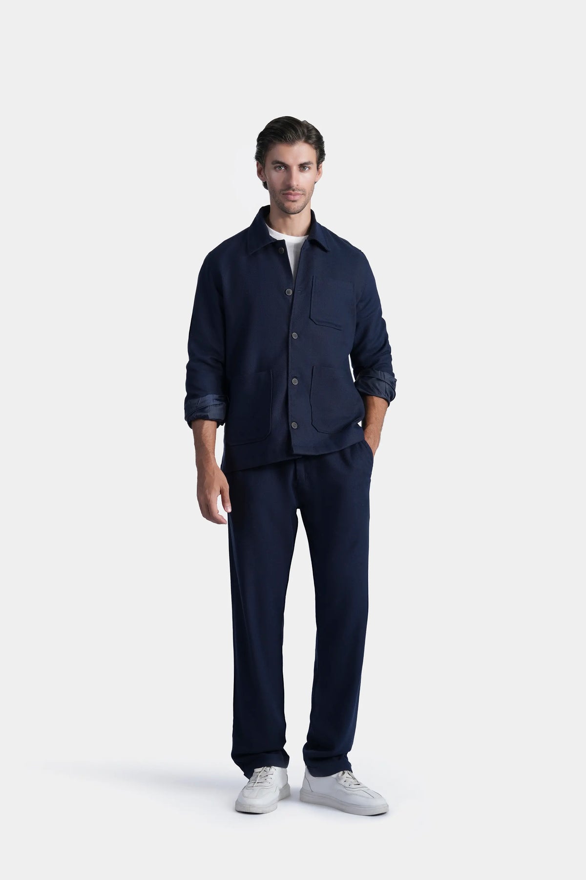 Navy regular-fit shacket with full sleeves, button front and chest pocket