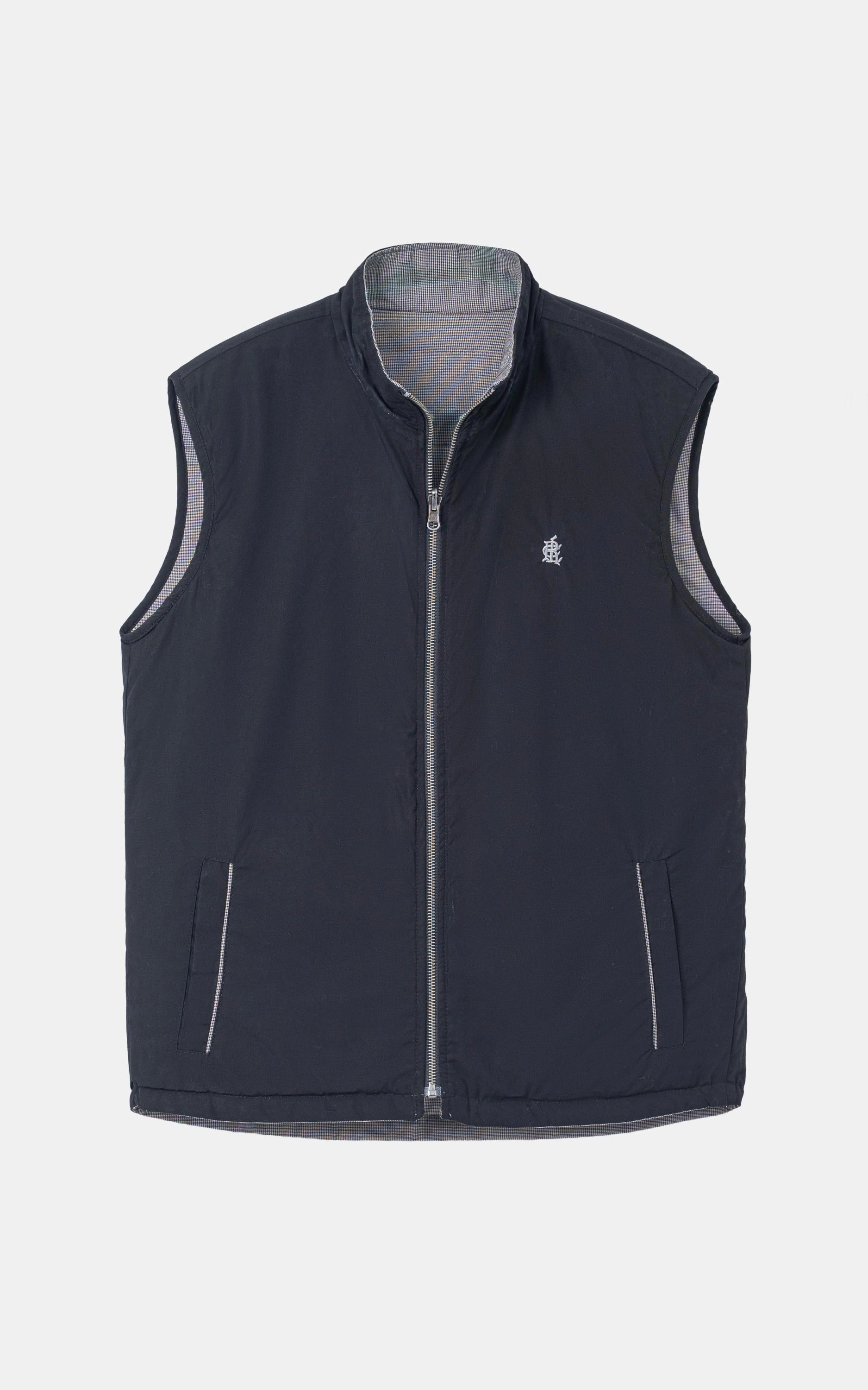 SLIM FIT SLEEVELESS REVERSIBLE QUILTED JACKET GREY BLACK TEXTURED