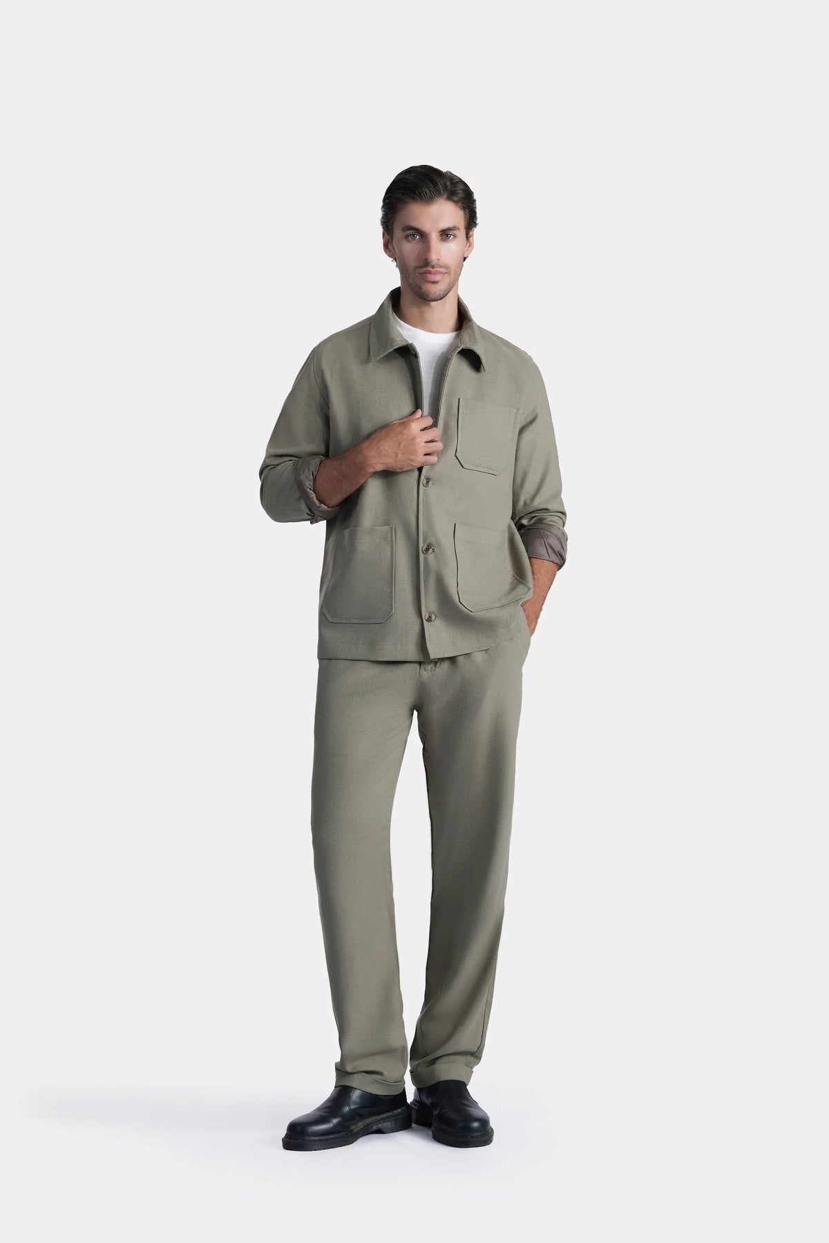 Olive regular-fit full-sleeve shacket with button front and chest pockets