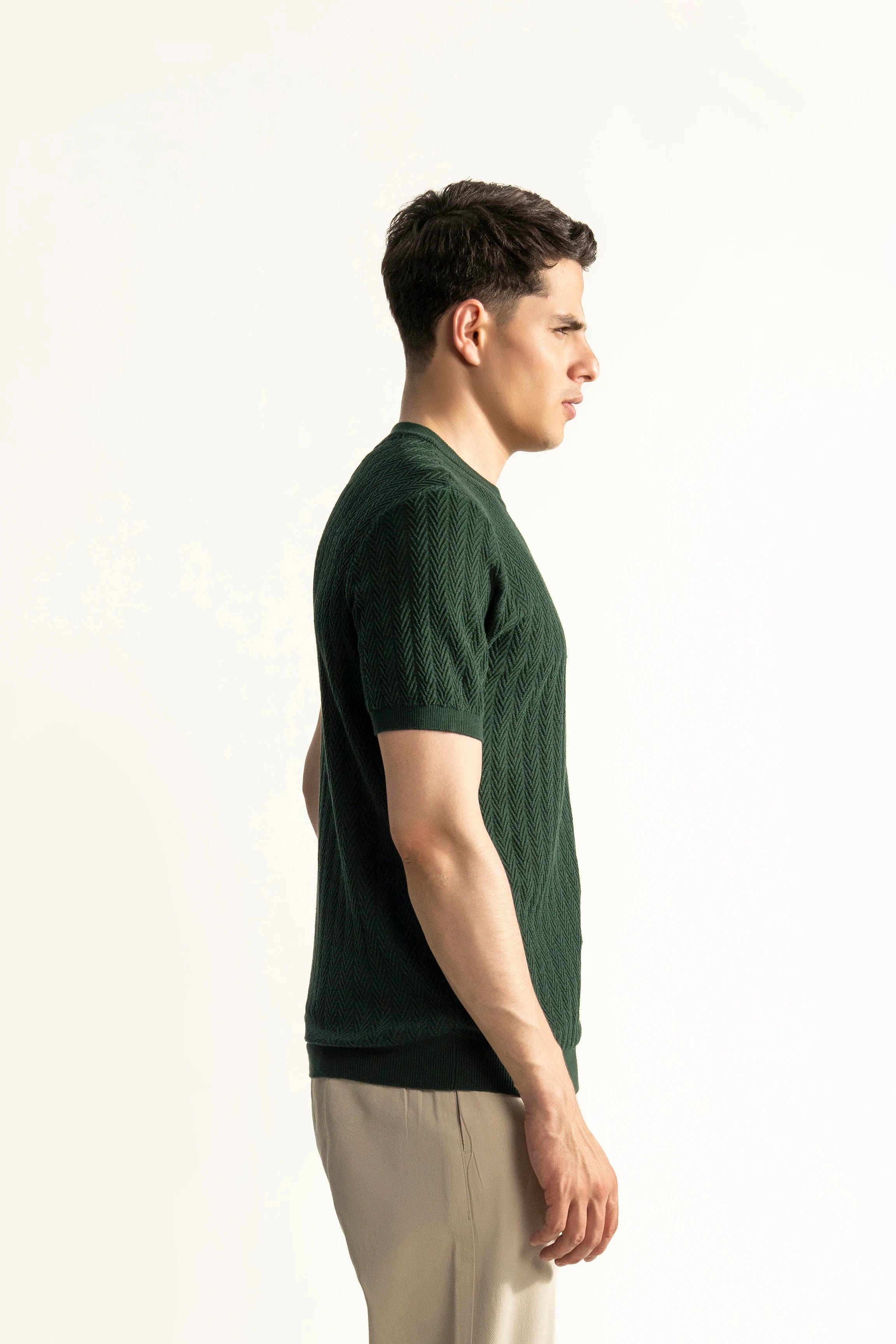 SWEATER KNIT SELF STRIPED CREW  NECK T SHIRT GREEN