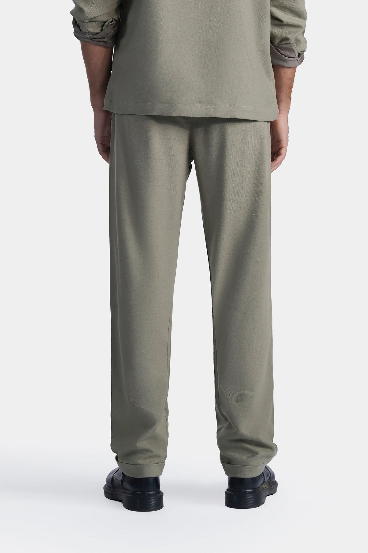 Light olive straight-fit trousers, view of waist to ankle hem