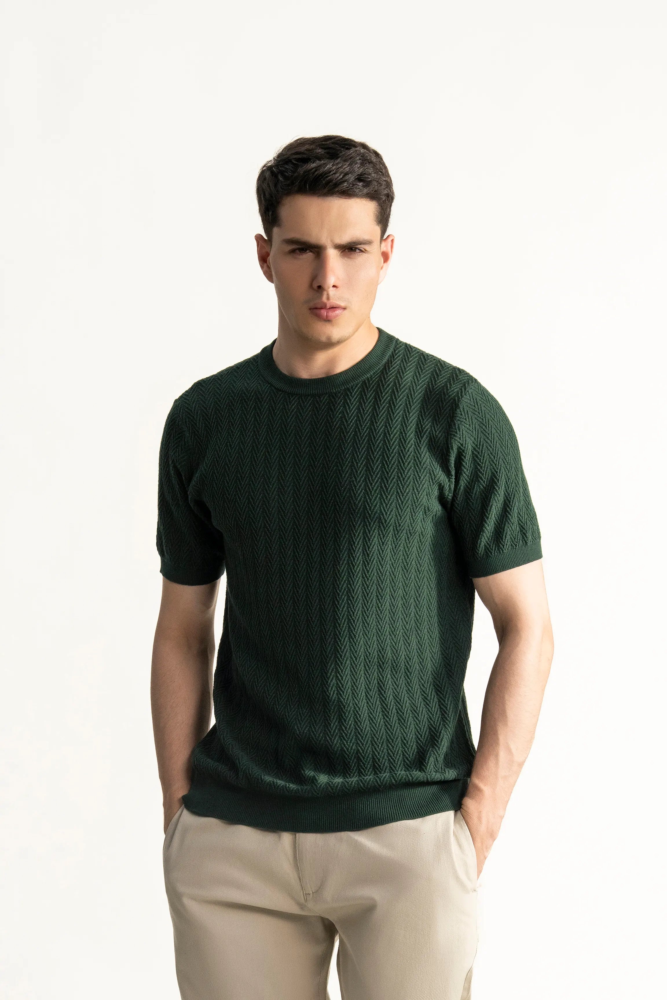 SWEATER KNIT SELF STRIPED CREW  NECK T SHIRT GREEN