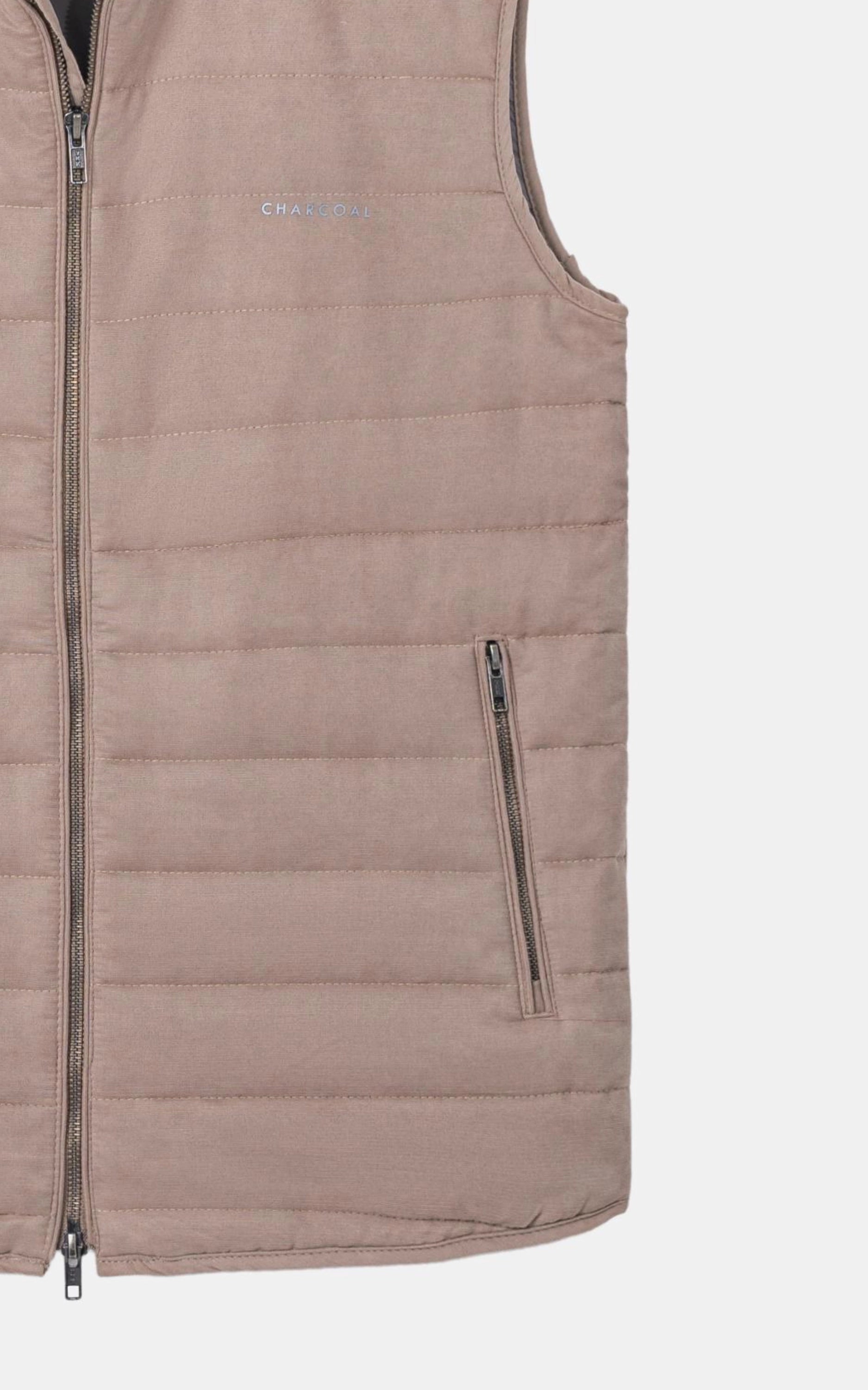 SLIM FIT SLEEVELESS QUILTED SUEDE JACKET BEIGE