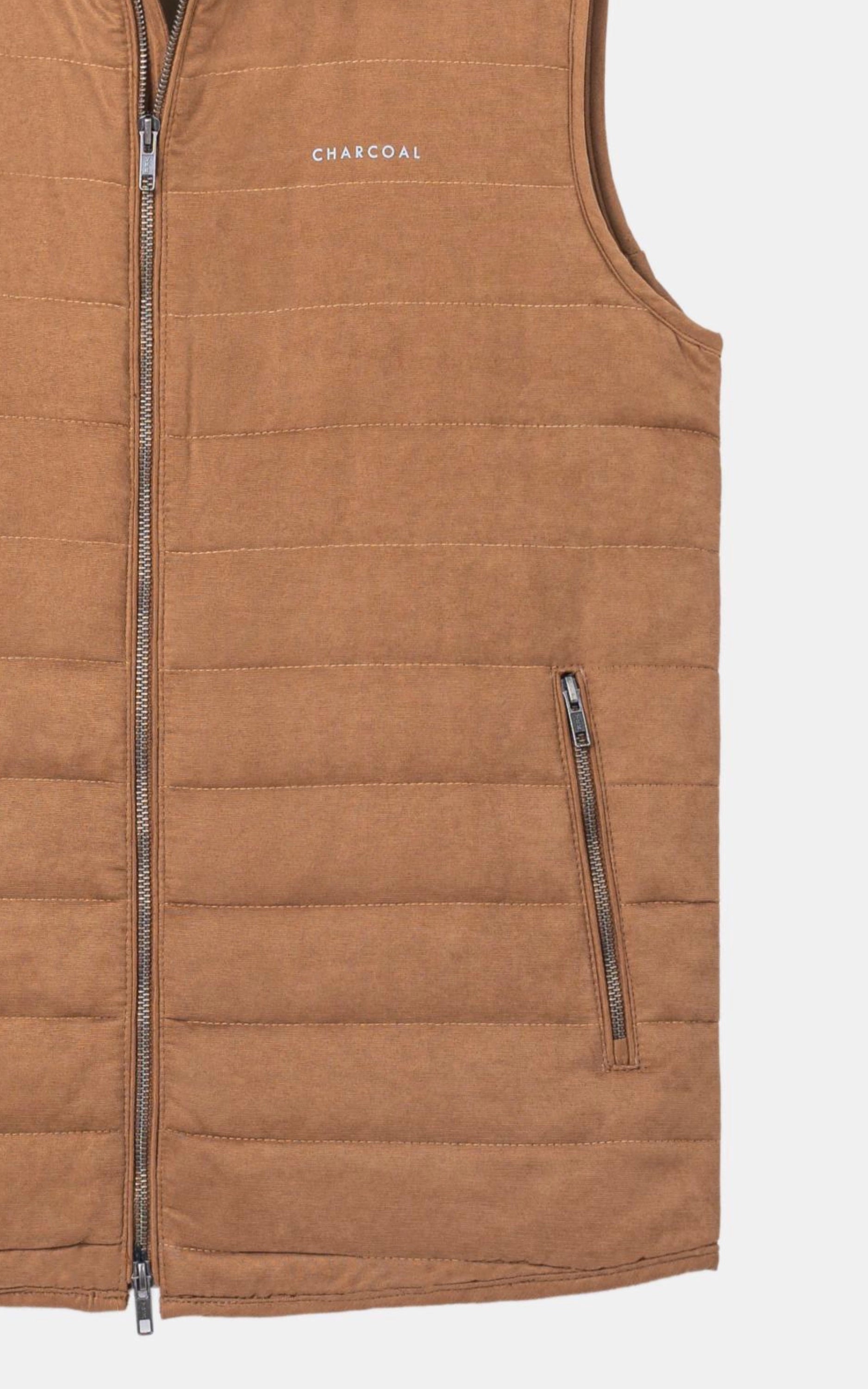 SLIM FIT SLEEVELESS QUILTED SUEDE JACKET KHAKI