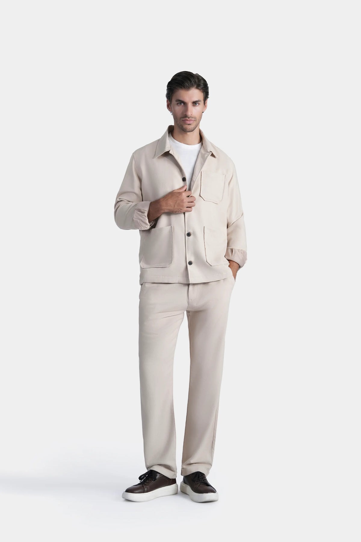 Men's khaki regular-fit shacket with stand collar, full sleeves, button front
