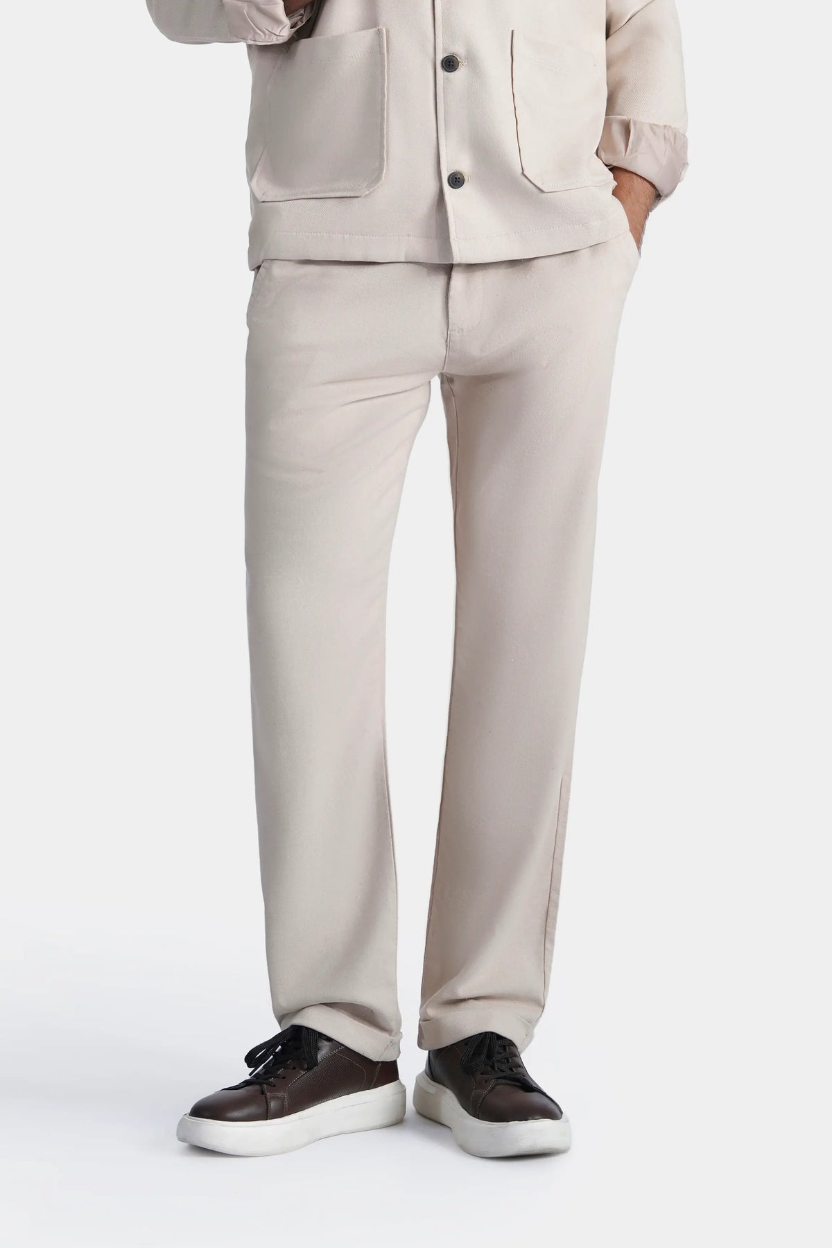 Light khaki straight-fit trousers with button front and side pockets
