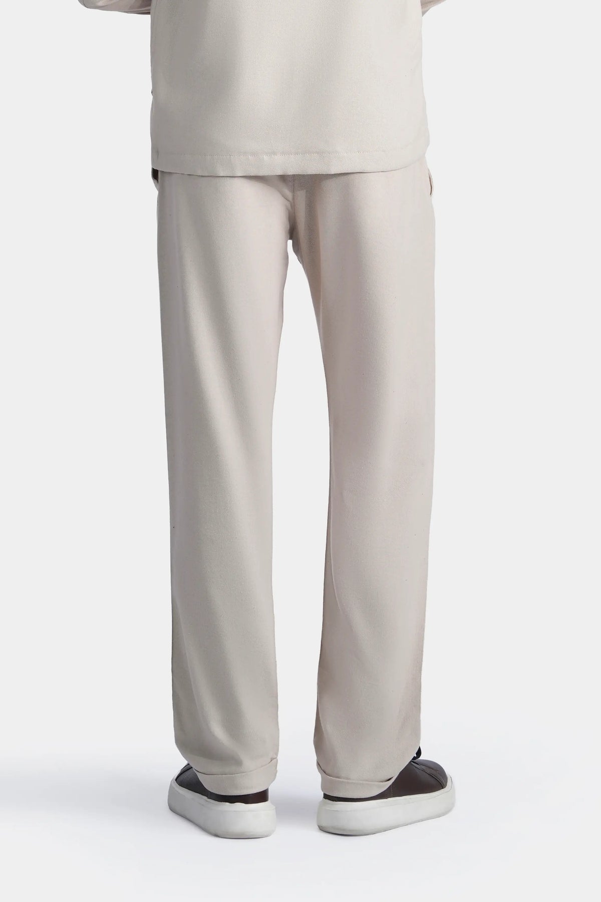Light khaki straight-leg trousers with smooth front and back seam detail