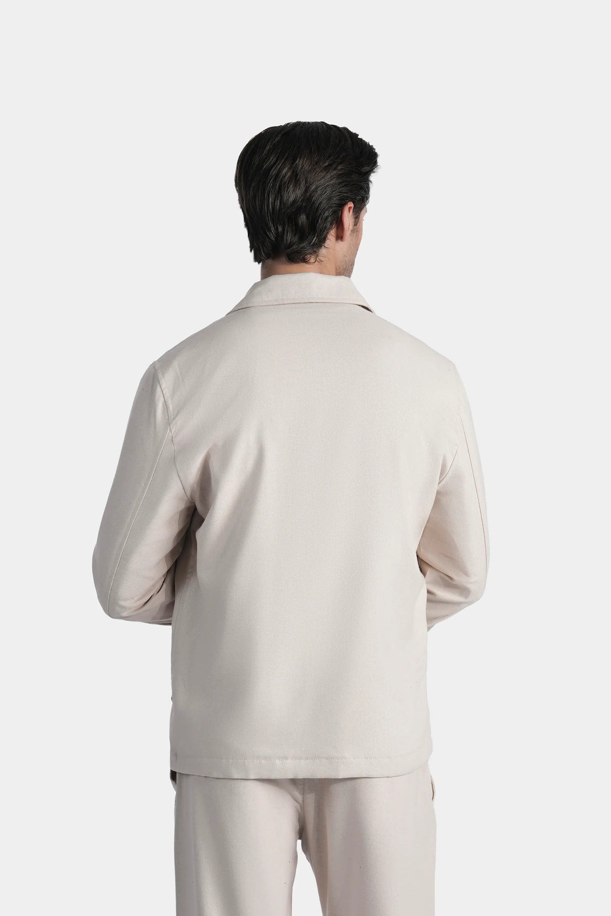 Men's khaki regular-fit shacket back view with stand collar and full sleeves