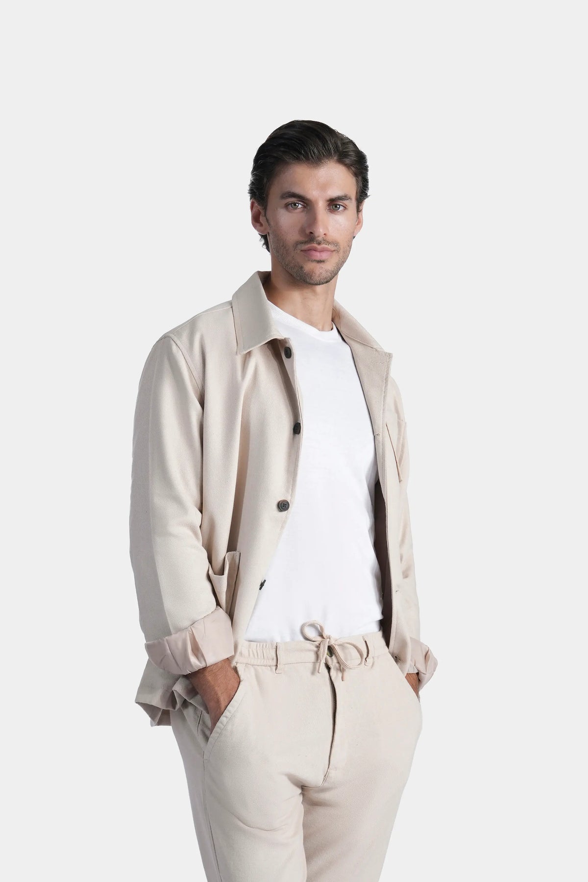 Men's khaki shacket front view with stand collar, button placket, full sleeves