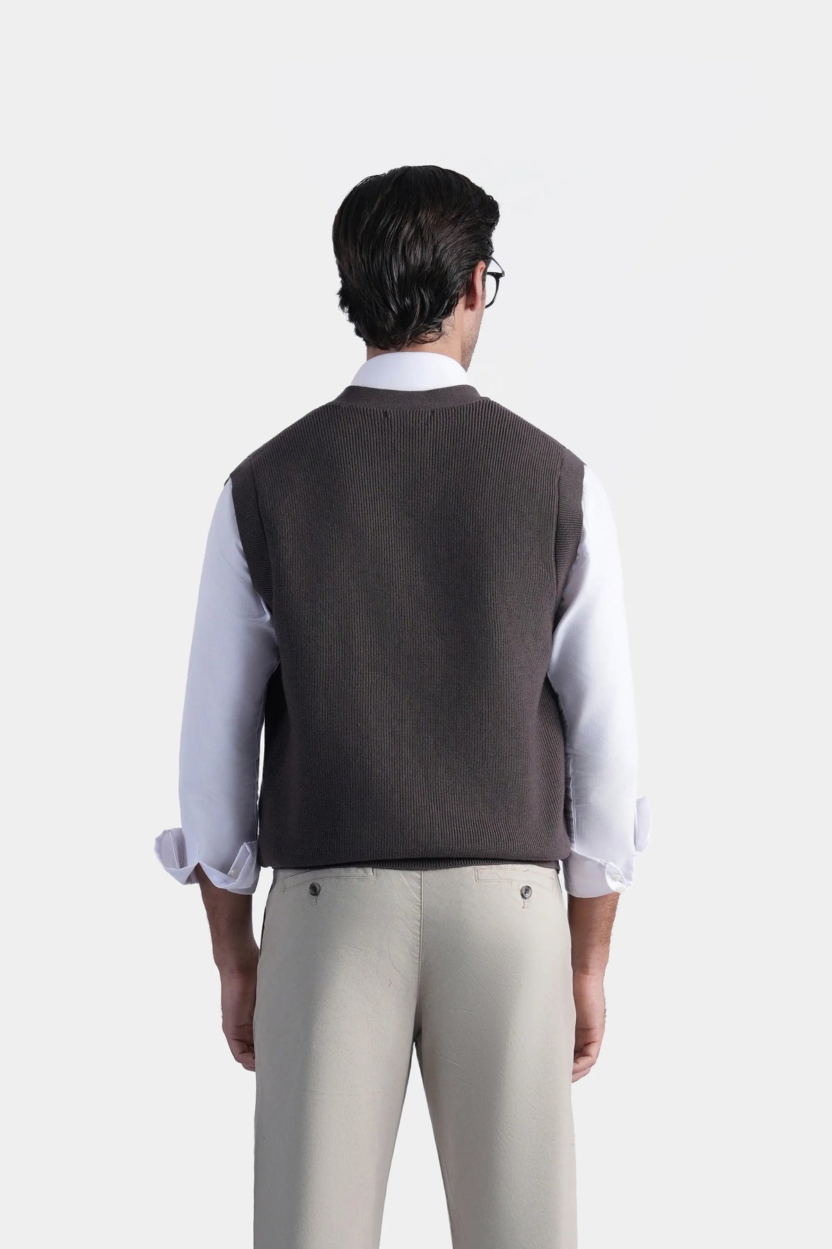 Brown sleeveless knit sweater vest back view with V-neck collar