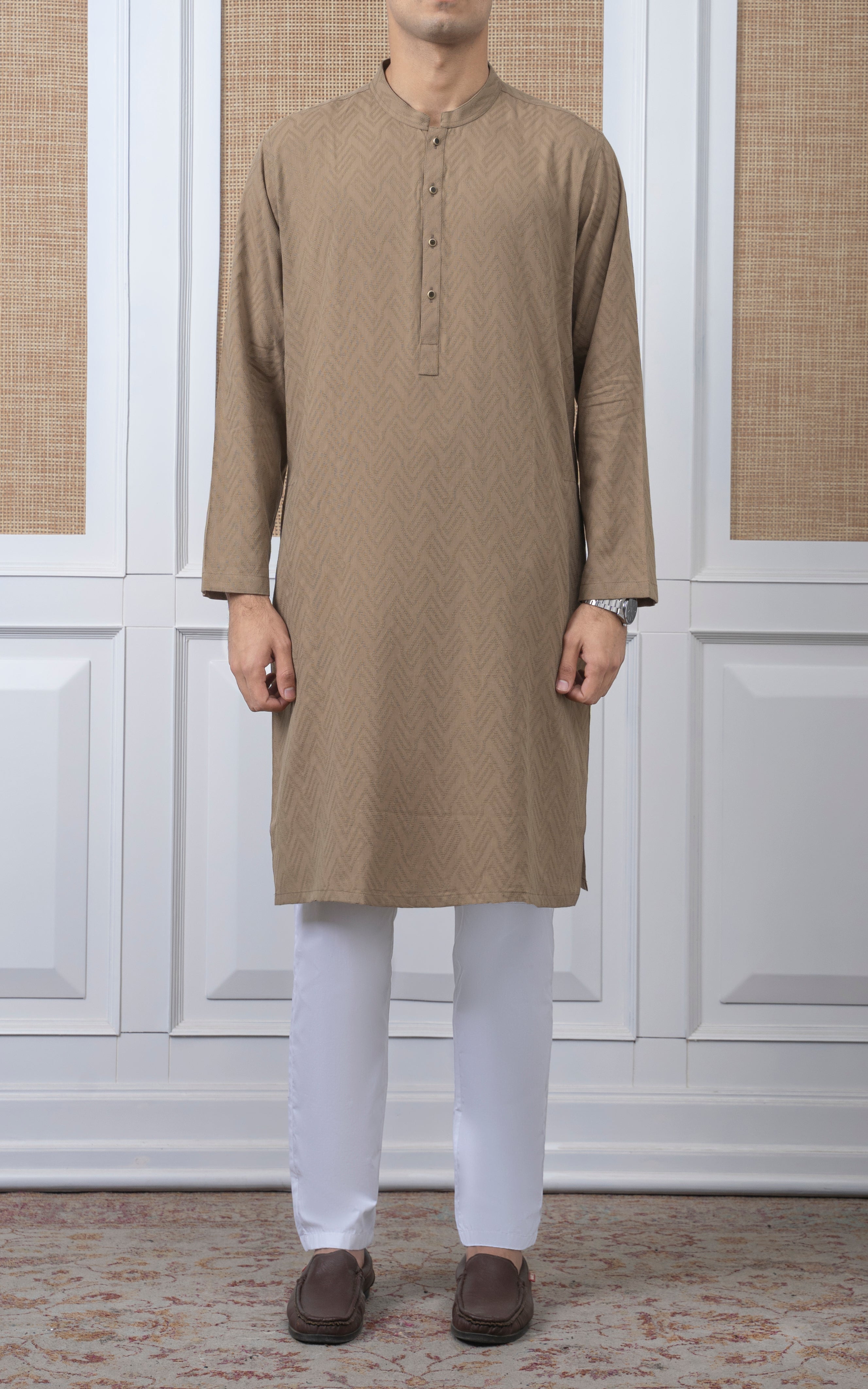 JACQUARD COTTON KURTA - SIGNATURE COLLECTION  DARK KHAKI