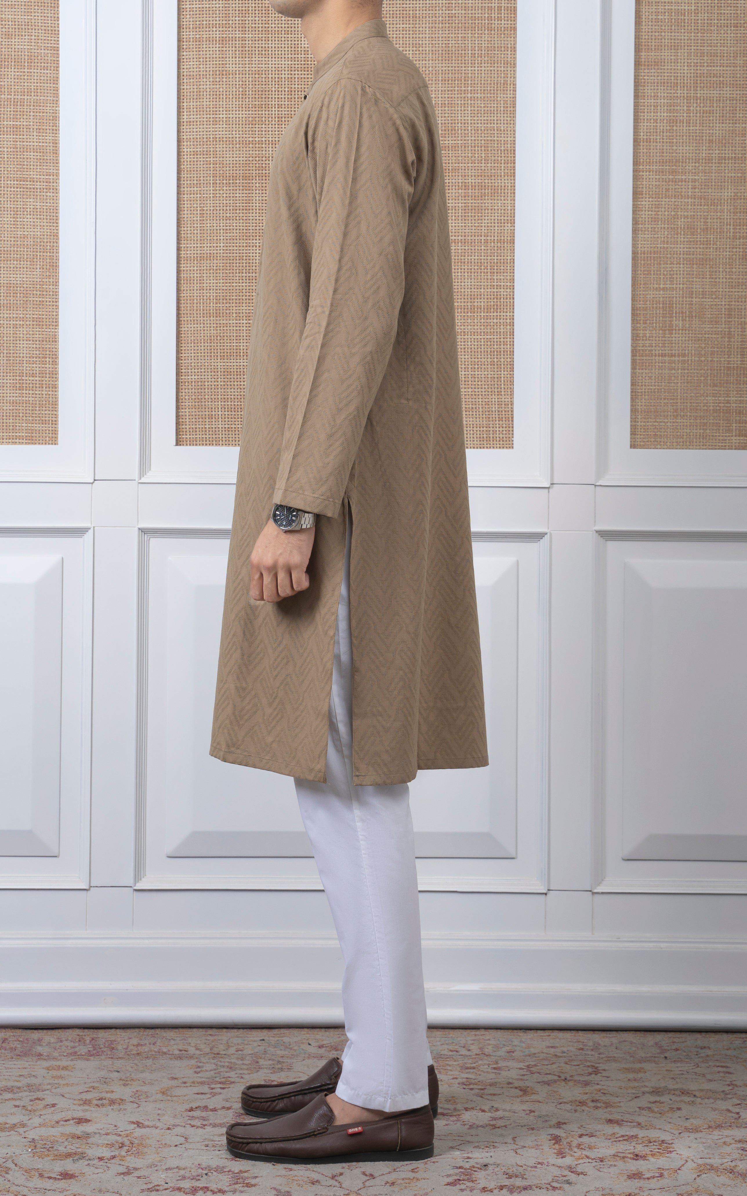 JACQUARD COTTON KURTA - SIGNATURE COLLECTION  DARK KHAKI