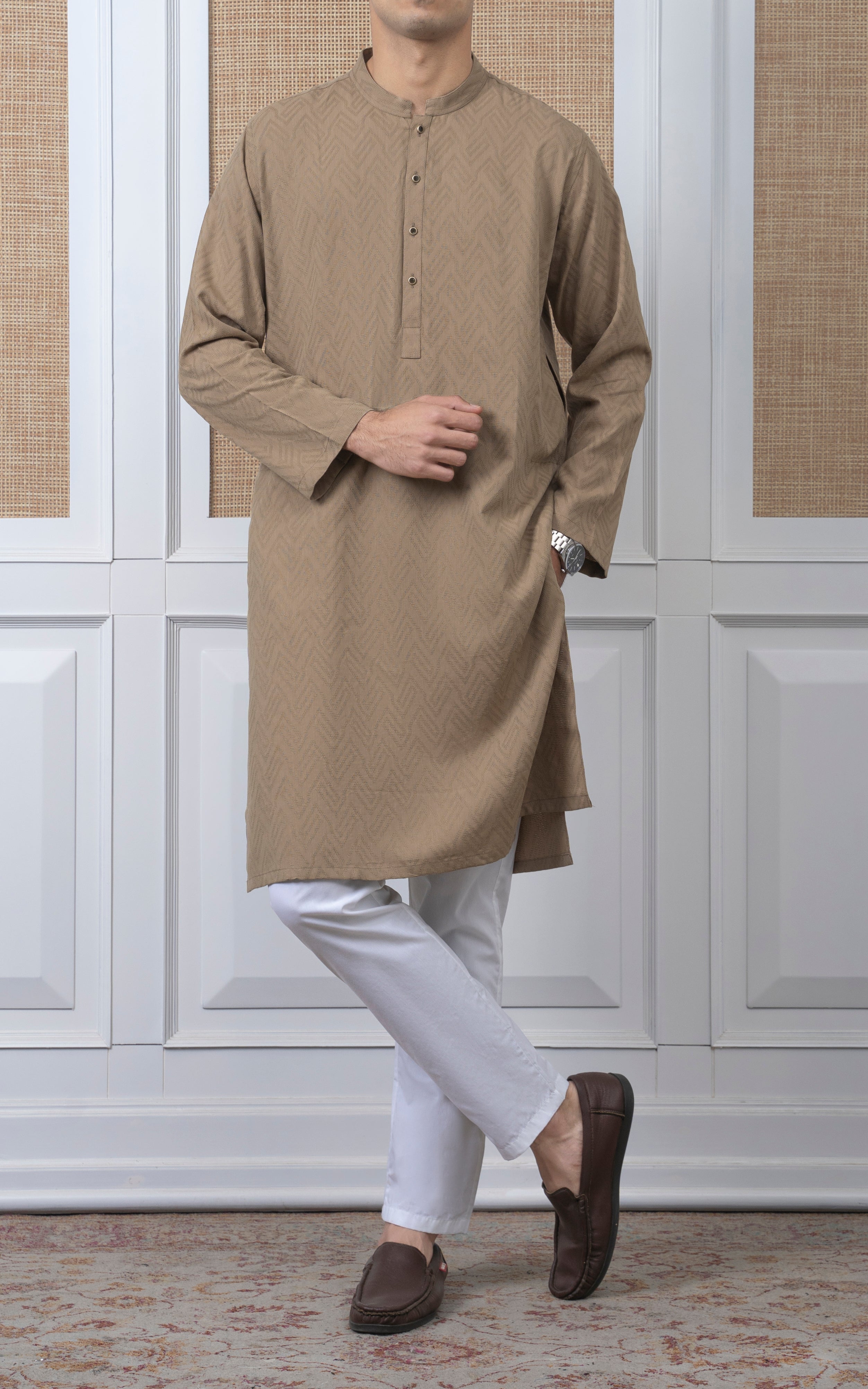 JACQUARD COTTON KURTA - SIGNATURE COLLECTION  DARK KHAKI