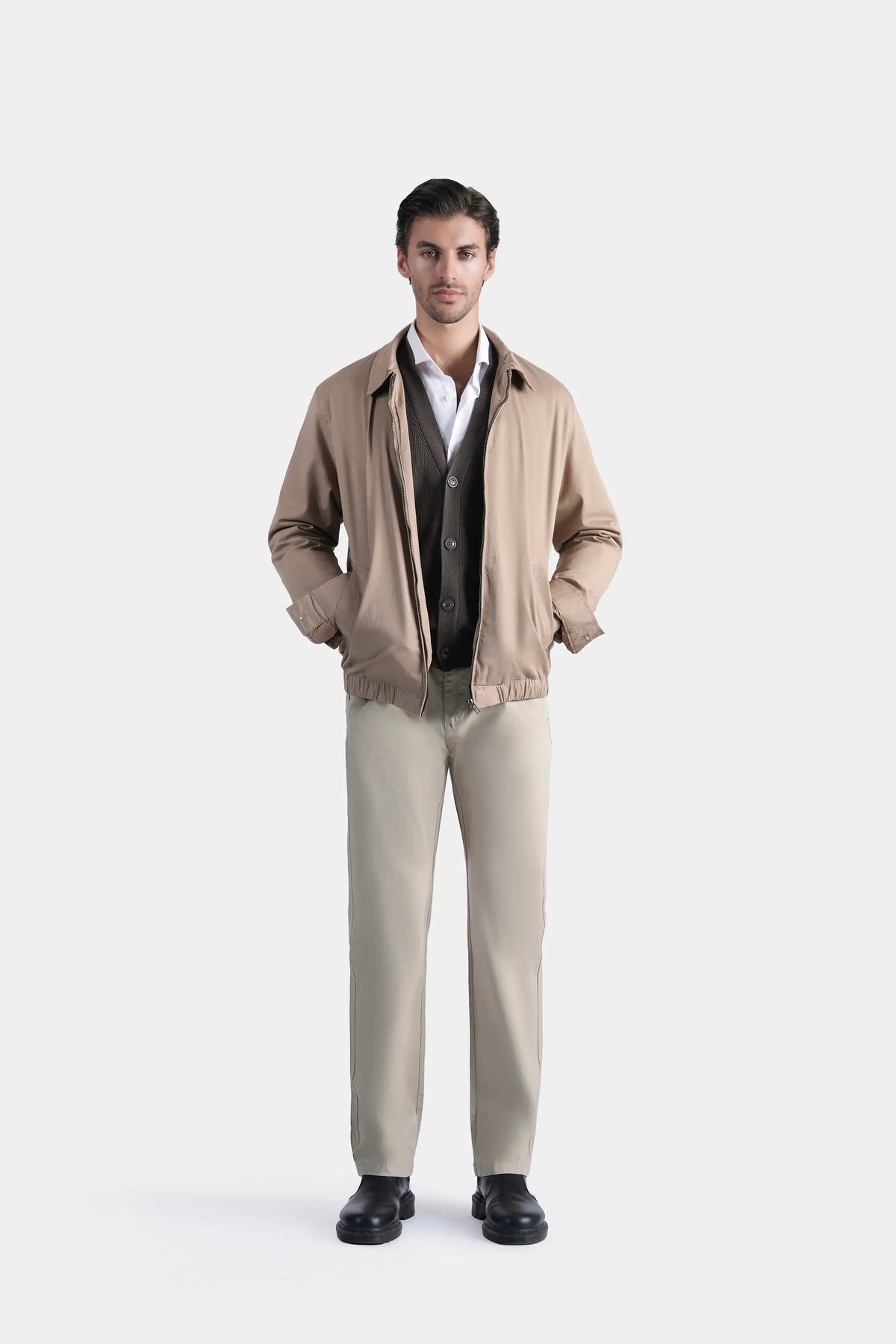 Khaki relaxed-fit full-sleeve jacket with stand collar and snap front