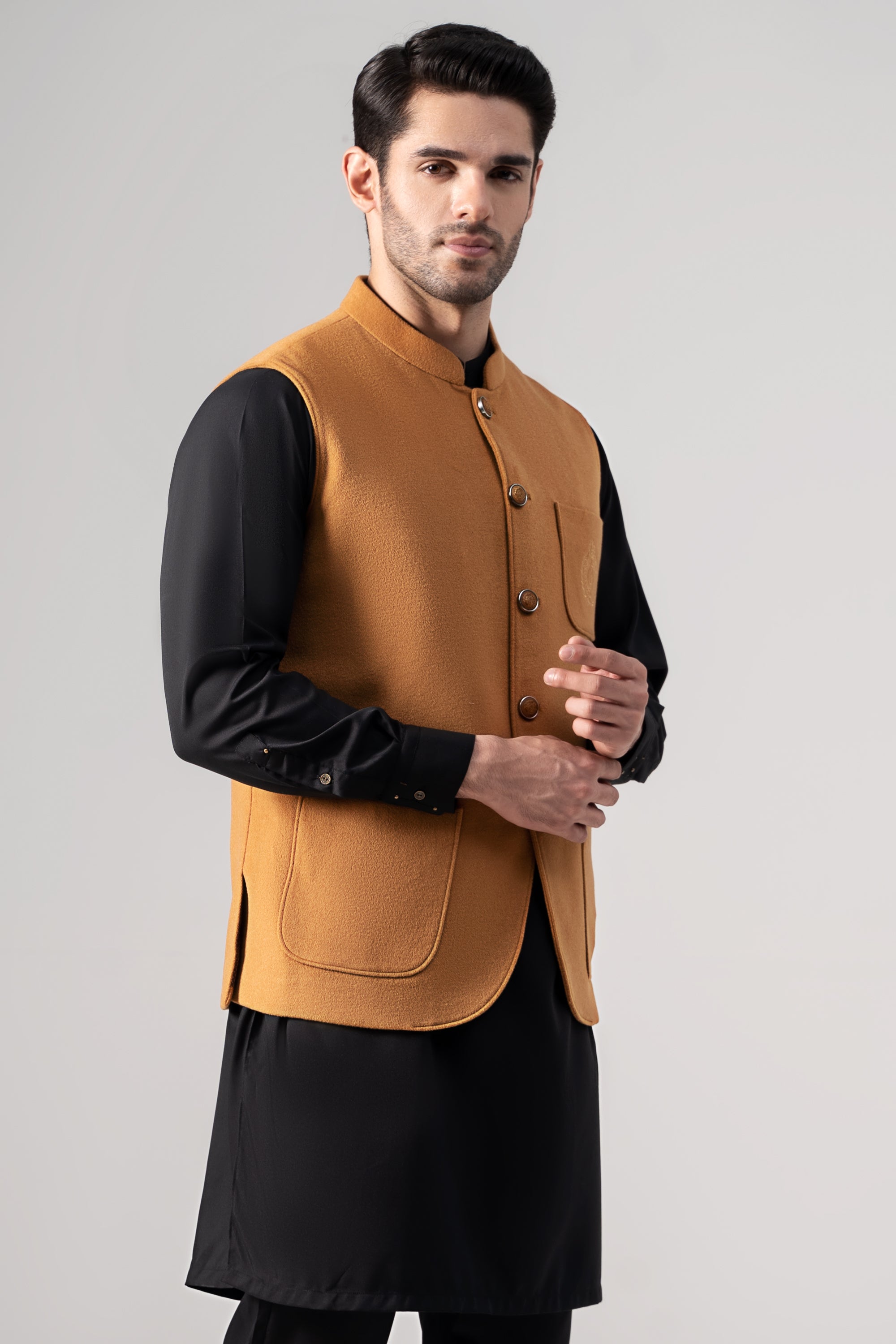 Embroidered Blended Woolen Waistcoat Mustard