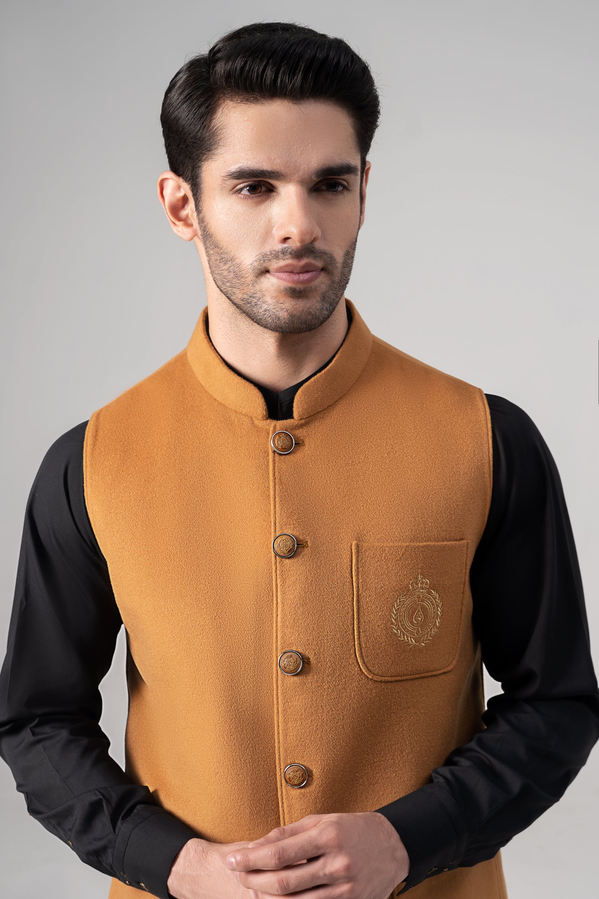 Embroidered Blended Woolen Waistcoat Mustard