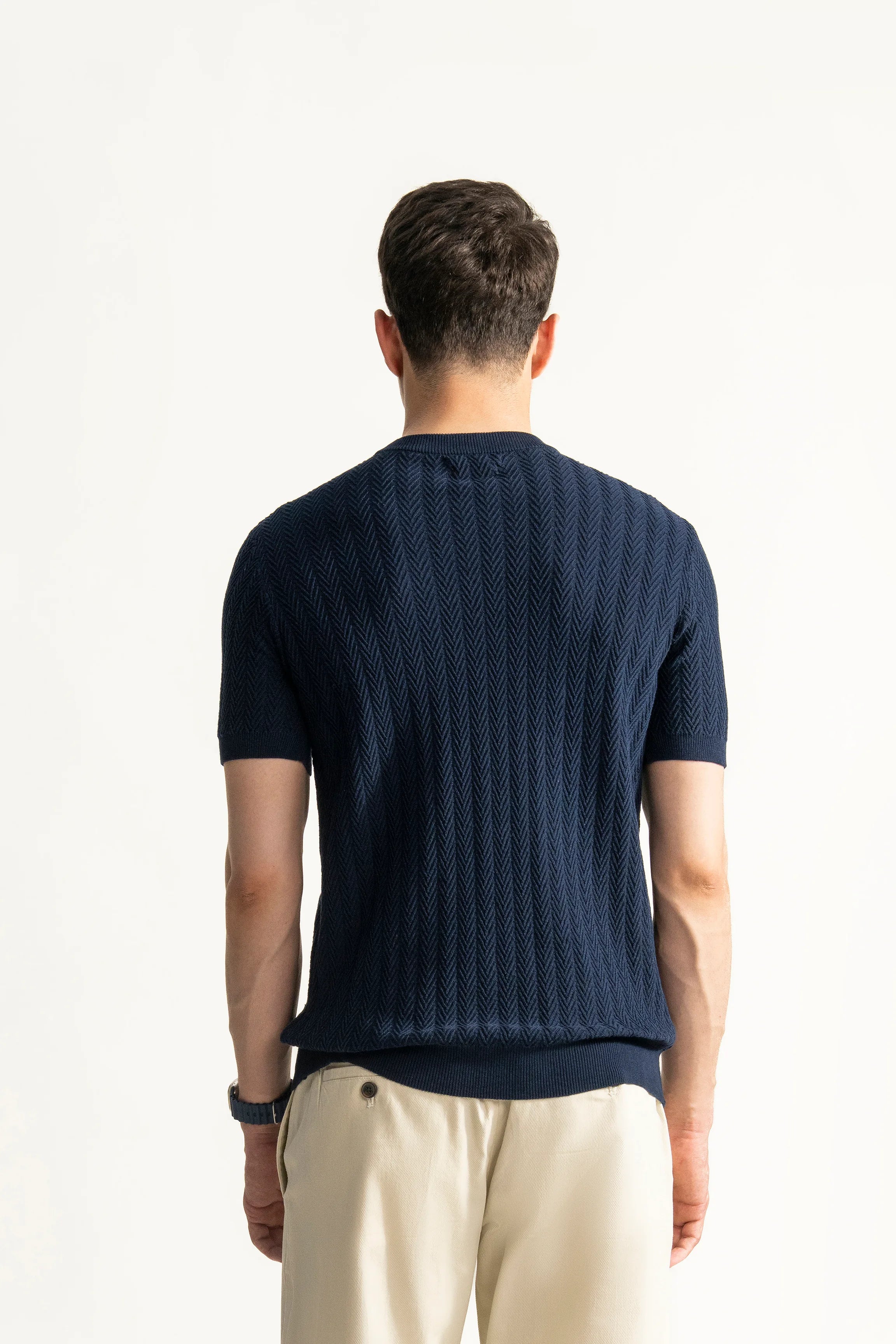 SWEATER KNIT SELF STRIPED CREW  NECK T SHIRT NAVY