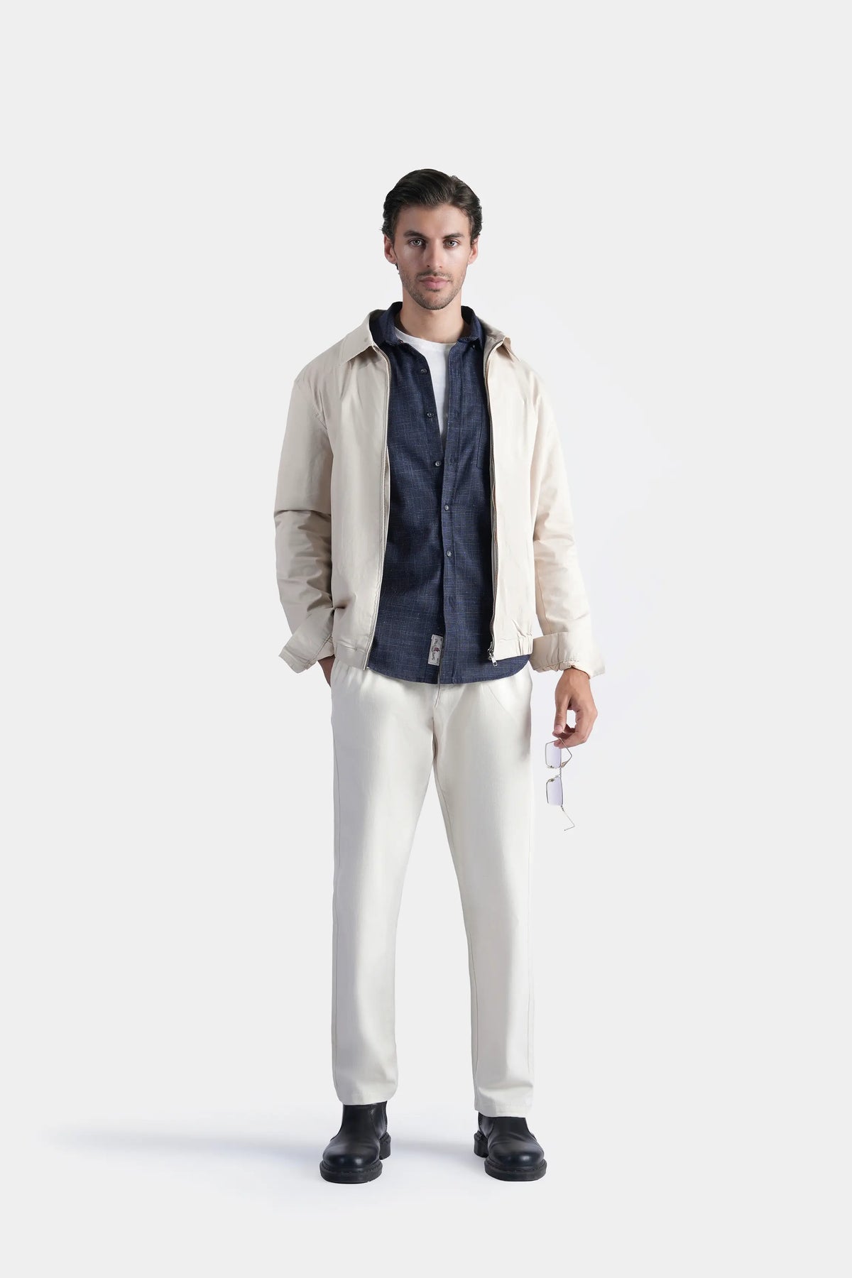 Beige relaxed-fit full-sleeve jacket with stand collar and open front