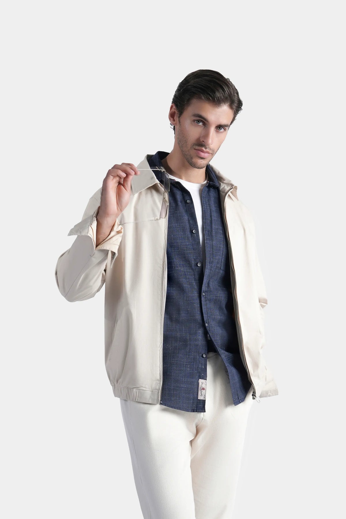 Beige relaxed-fit full-sleeve jacket with stand collar and open front