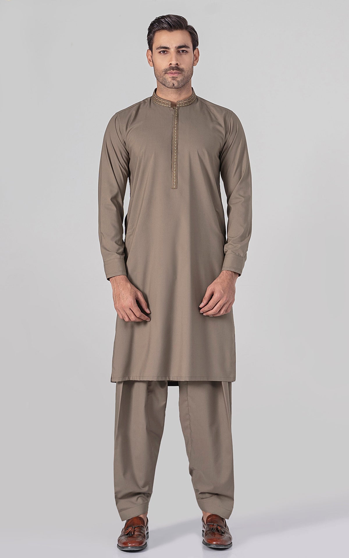 Shop Embroidered Wash & Wear - Premium Collection Dusky Brown for Men