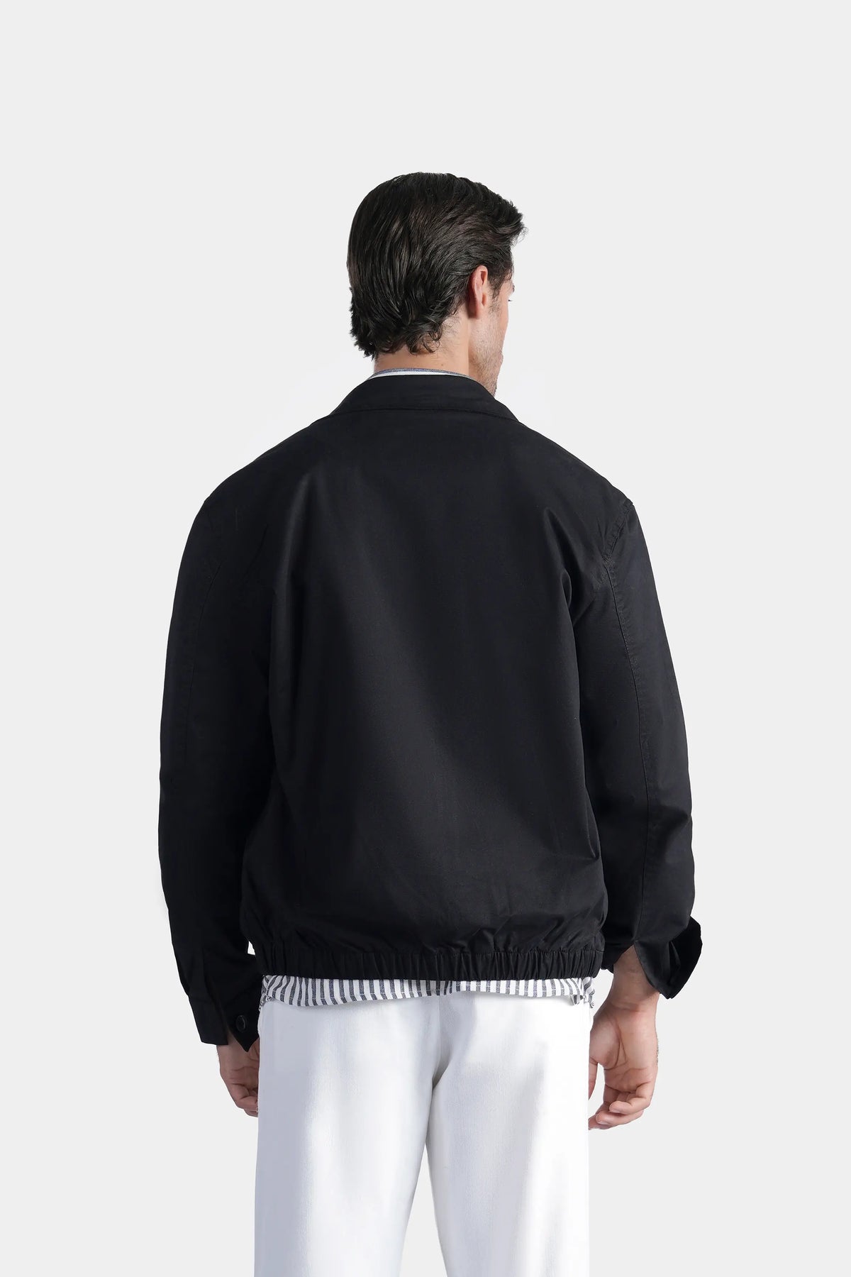 Black relaxed-fit jacket back view, stand collar and ribbed hem