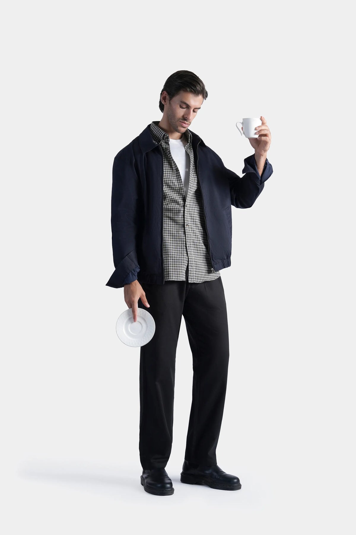 Dark navy relaxed-fit full-sleeve jacket with open front and side pockets