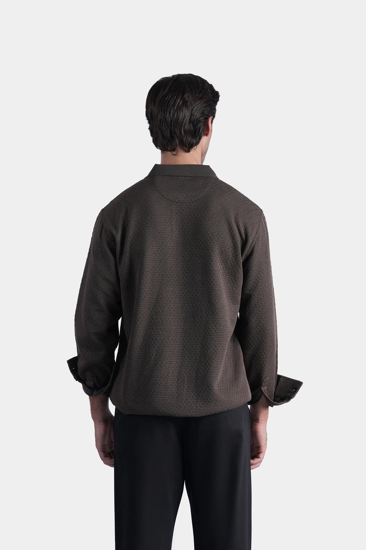 Long-sleeve self-textured polo shirt, dark brown, back view with collar