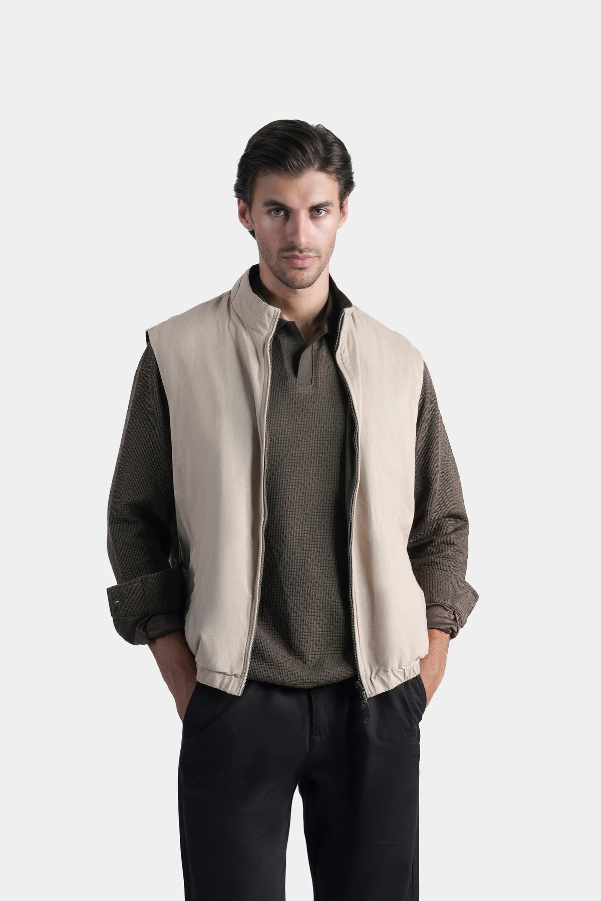 Khaki reversible sleeveless jacket vest with front zipper and stand collar