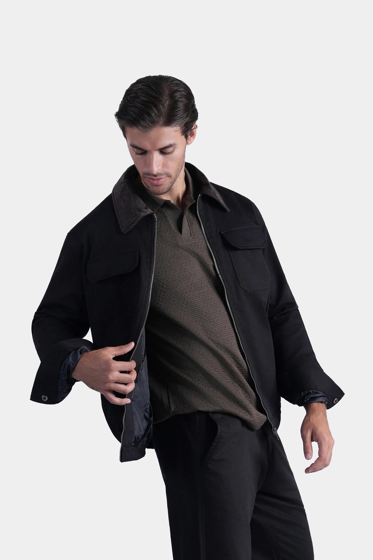 Men's black relaxed-fit long-sleeve jacket with open front and flap chest pockets
