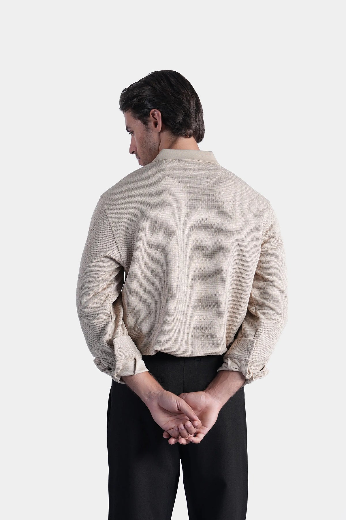 Khaki long-sleeve polo shirt with self-textured back panel, model back view