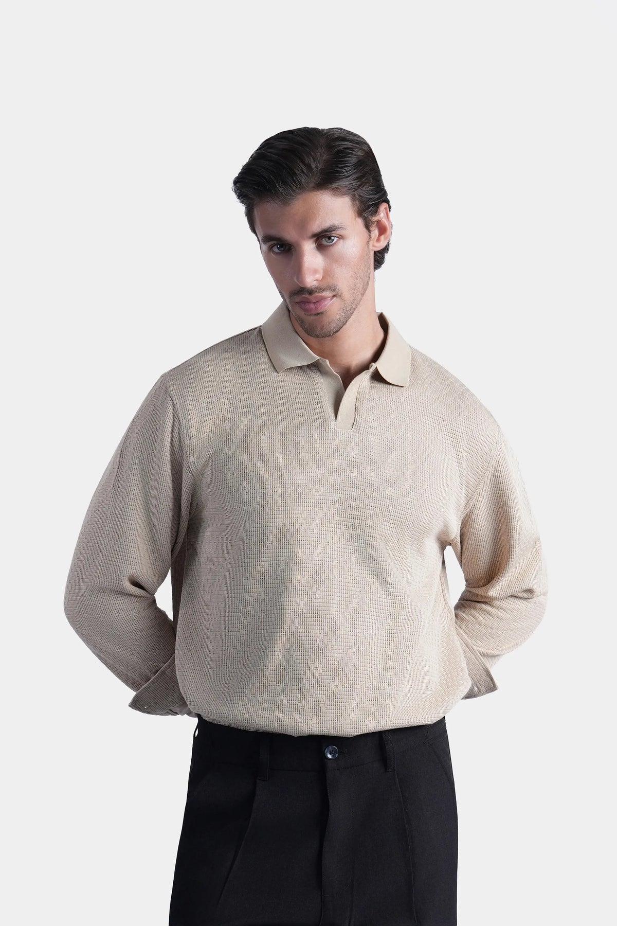 Khaki long-sleeve self-textured polo shirt with button placket and collar