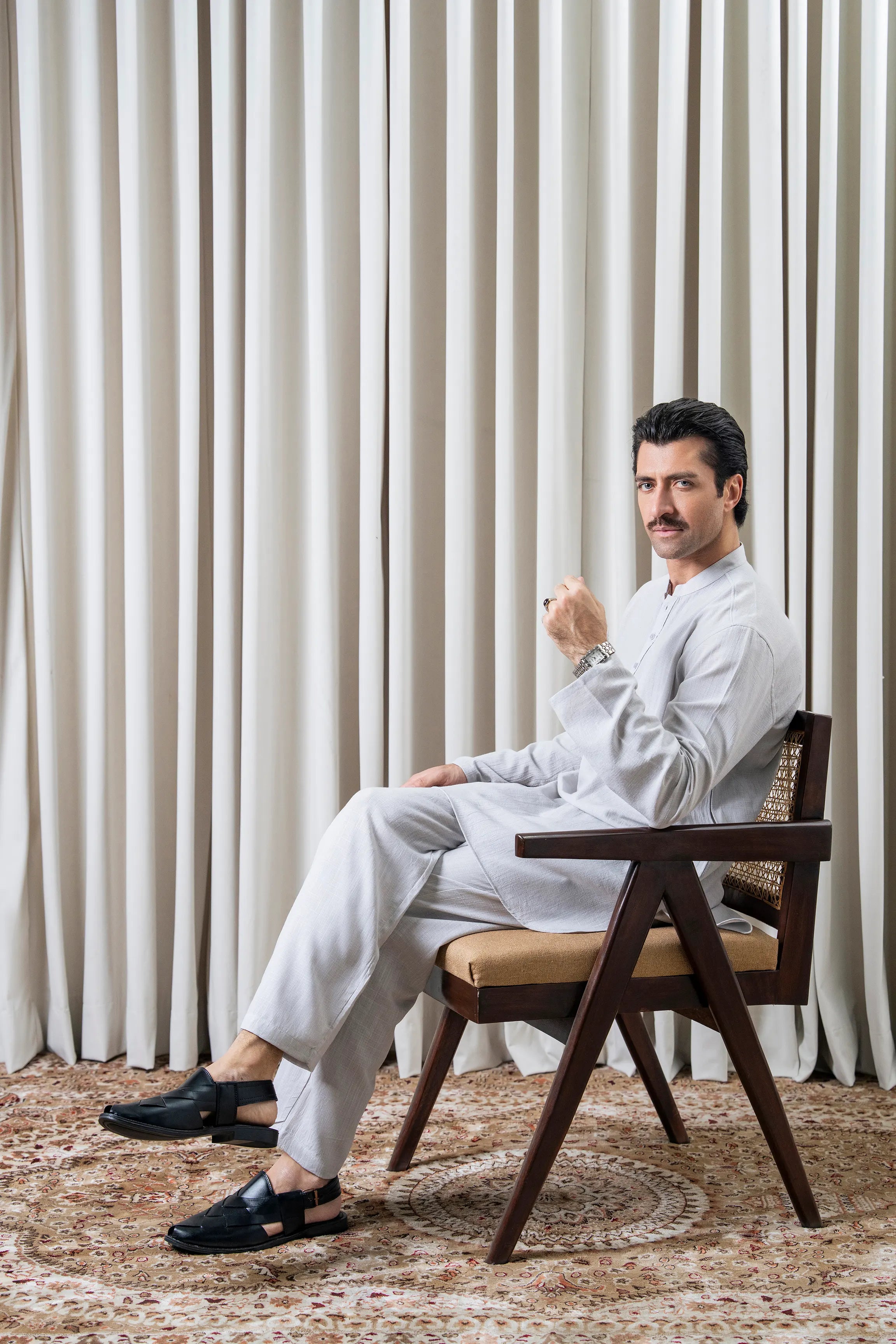 SELF TEXTURED KURTA PAJAMA - PREMIUM COLLECTION ASH WHITE