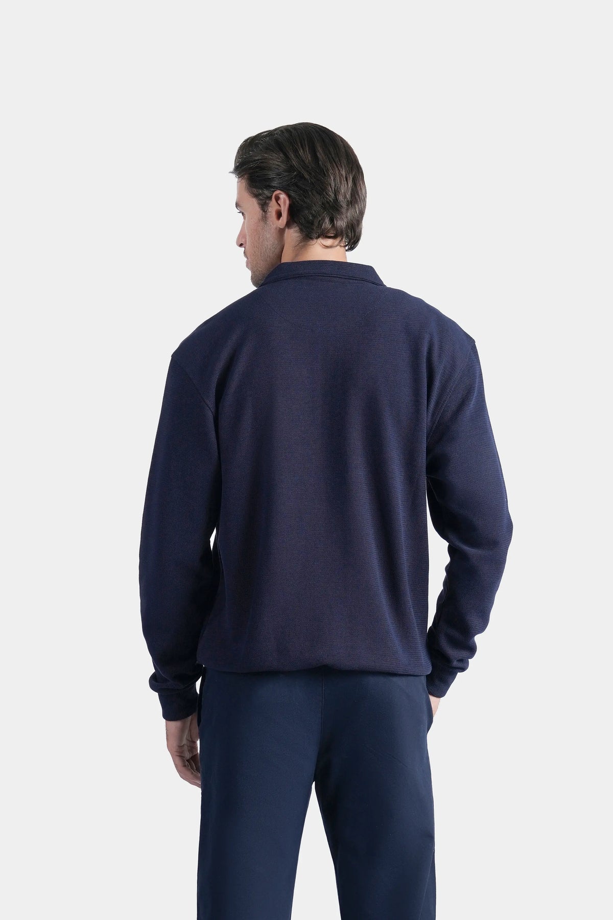 Navy full-sleeve zip polo shirt, back view