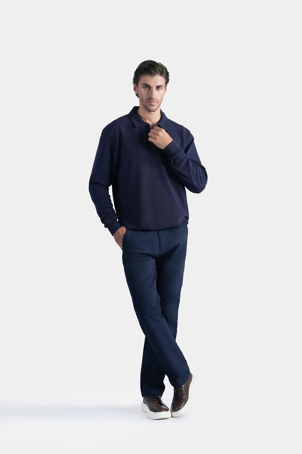 Navy full-sleeve zip polo shirt with stand collar, front view