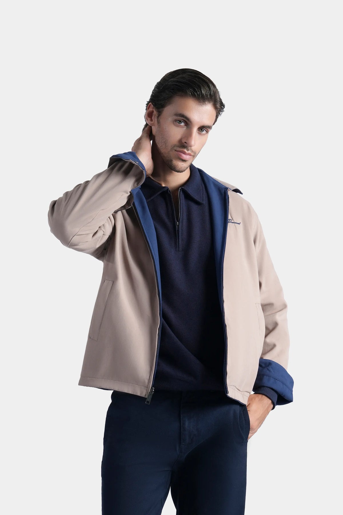 Reversible collar jacket, khaki outer with navy lining, open front view