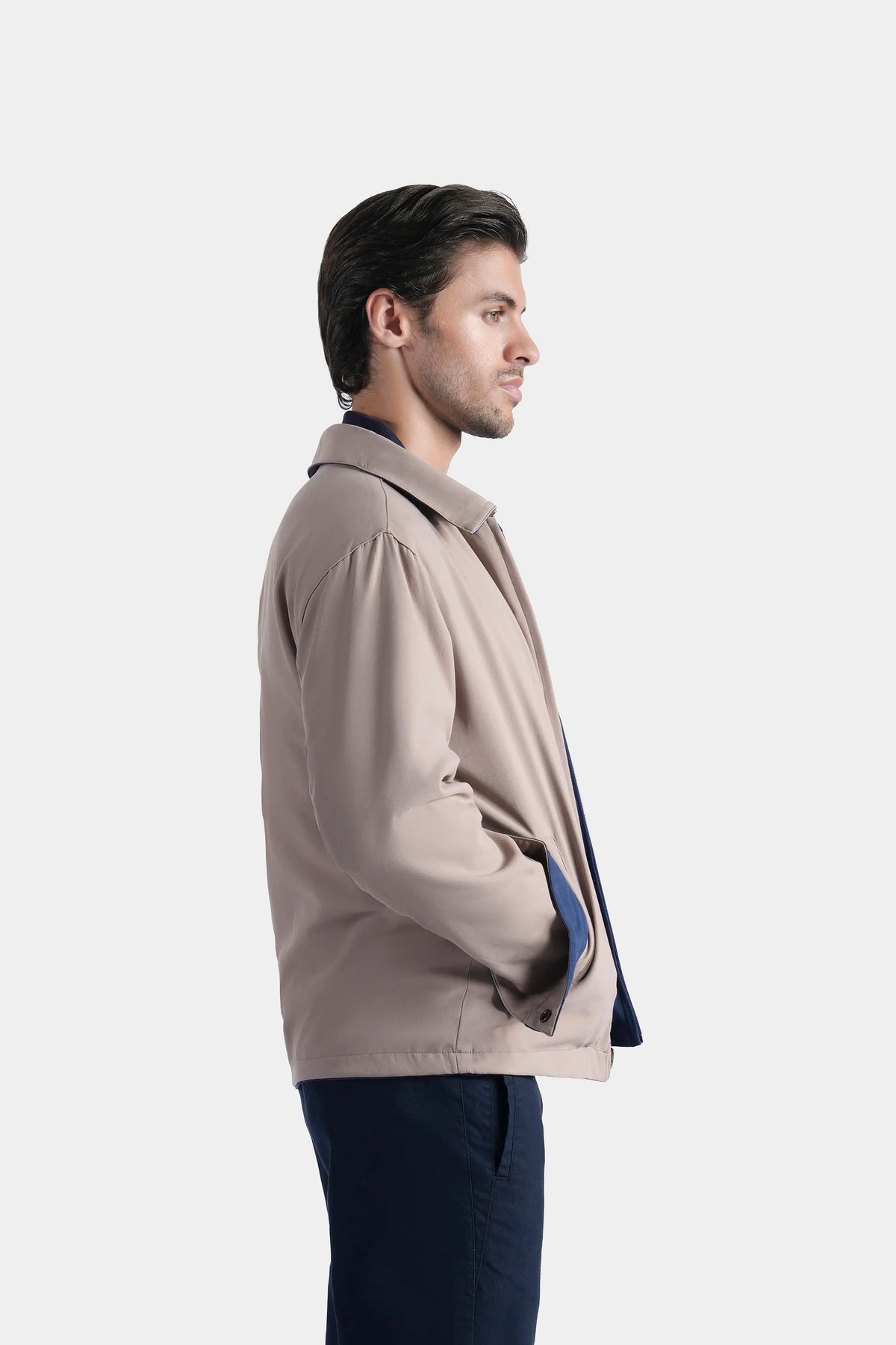 Reversible collar jacket, khaki outer, side profile view
