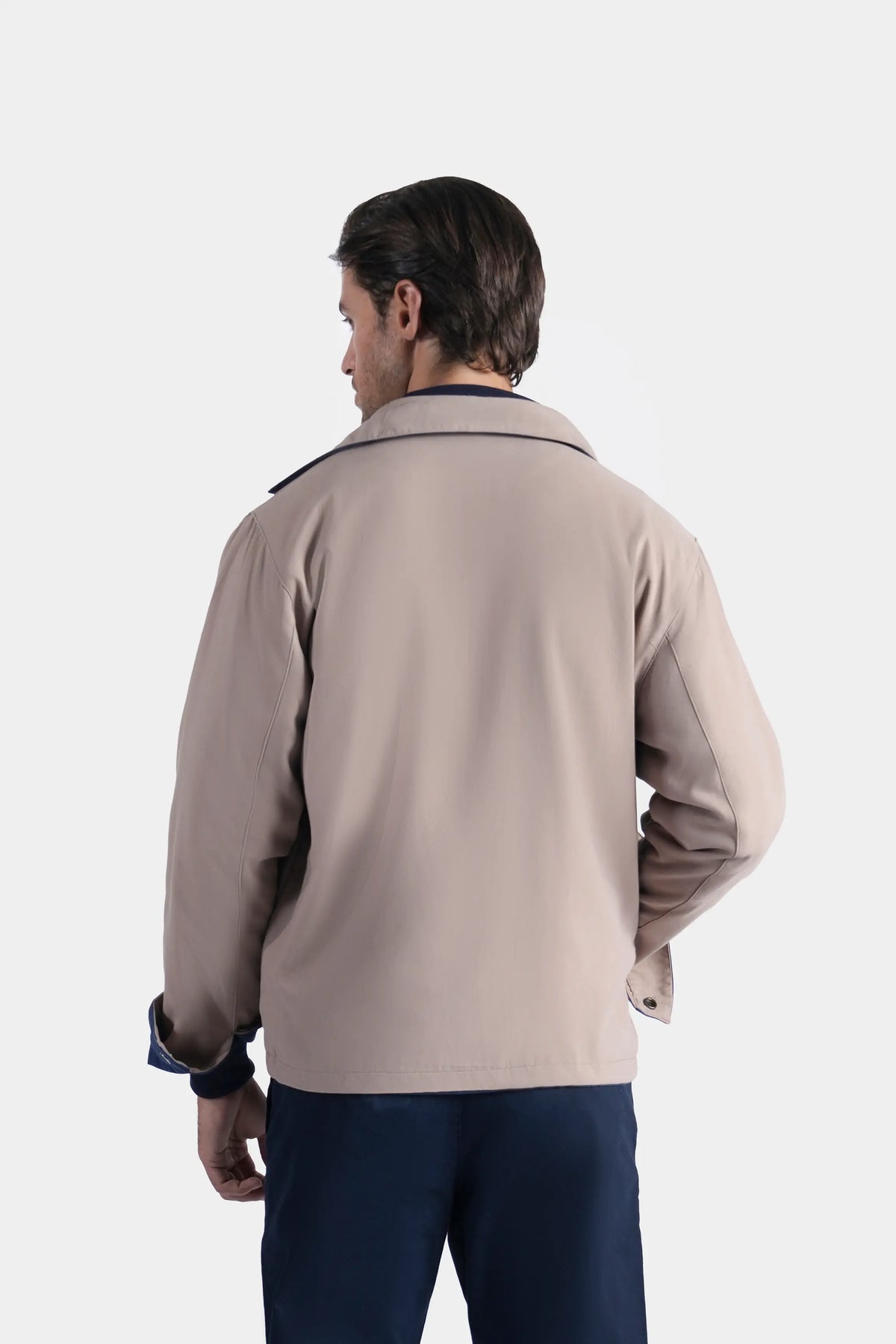 Reversible collar jacket, khaki outer, back view