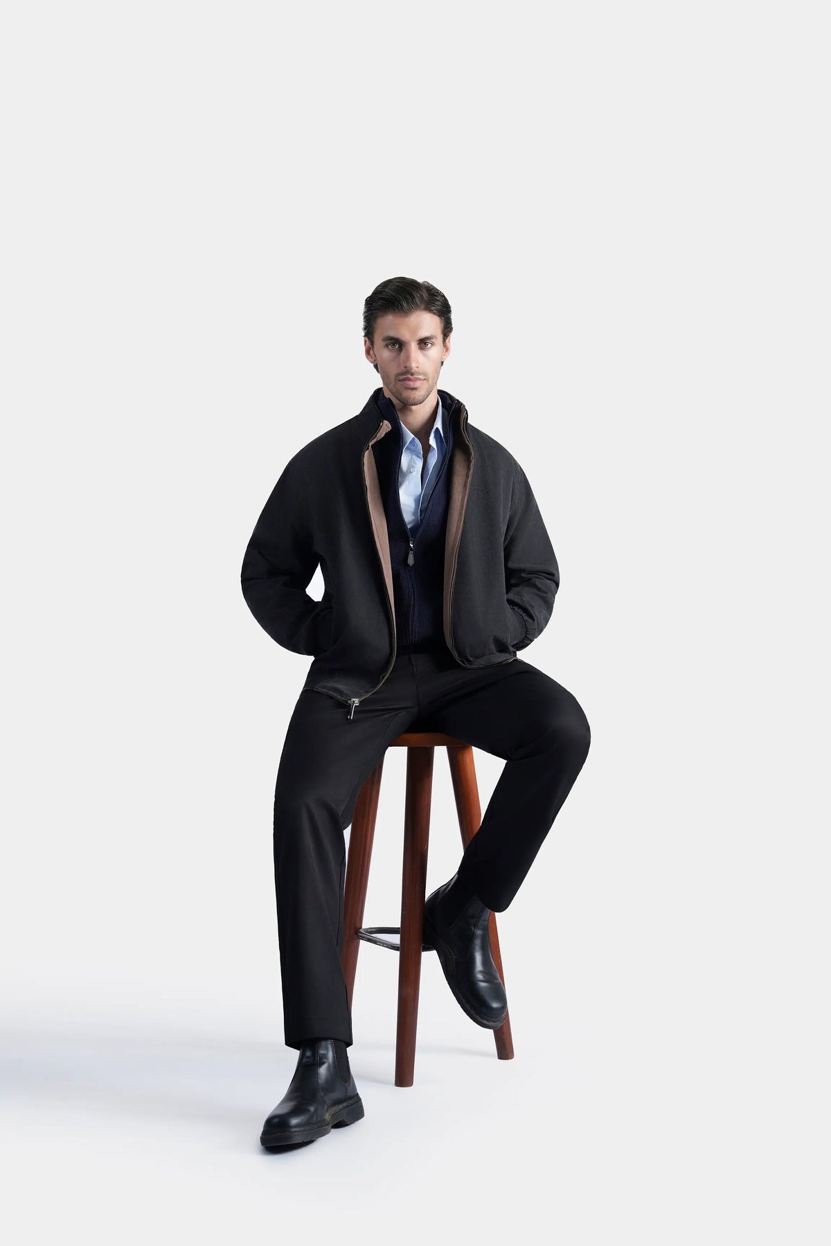 Reversible full-sleeve zip jacket, charcoal outer with stand collar